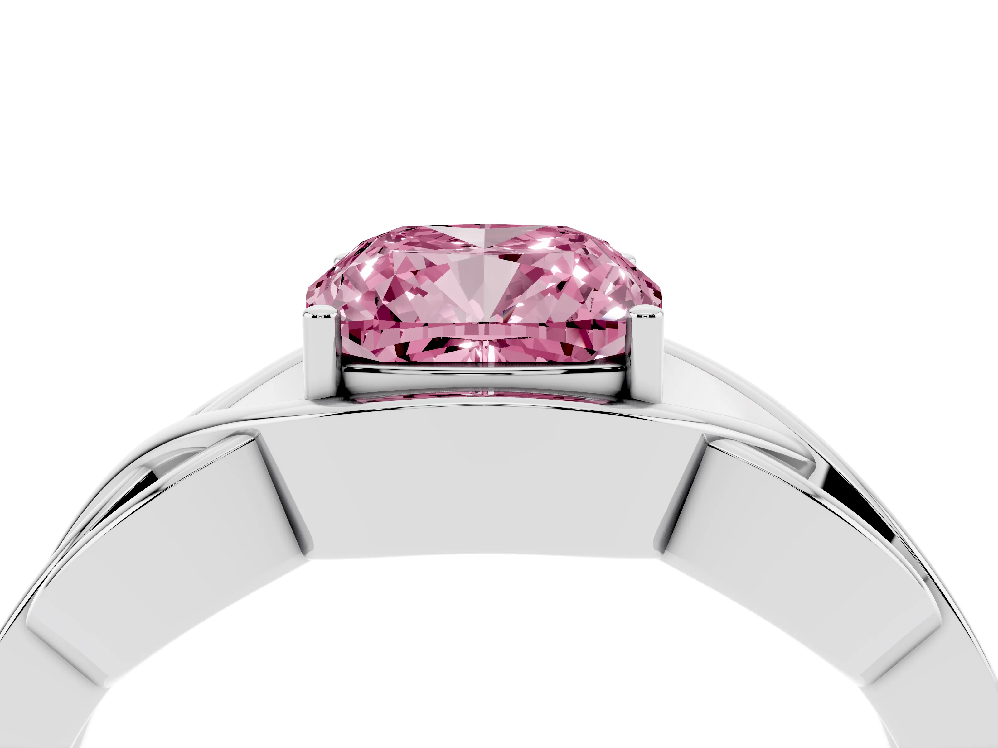 Fancy Pink Cushion Cut Diamond Solitaire Ring Set in Silver with Intertwined Band