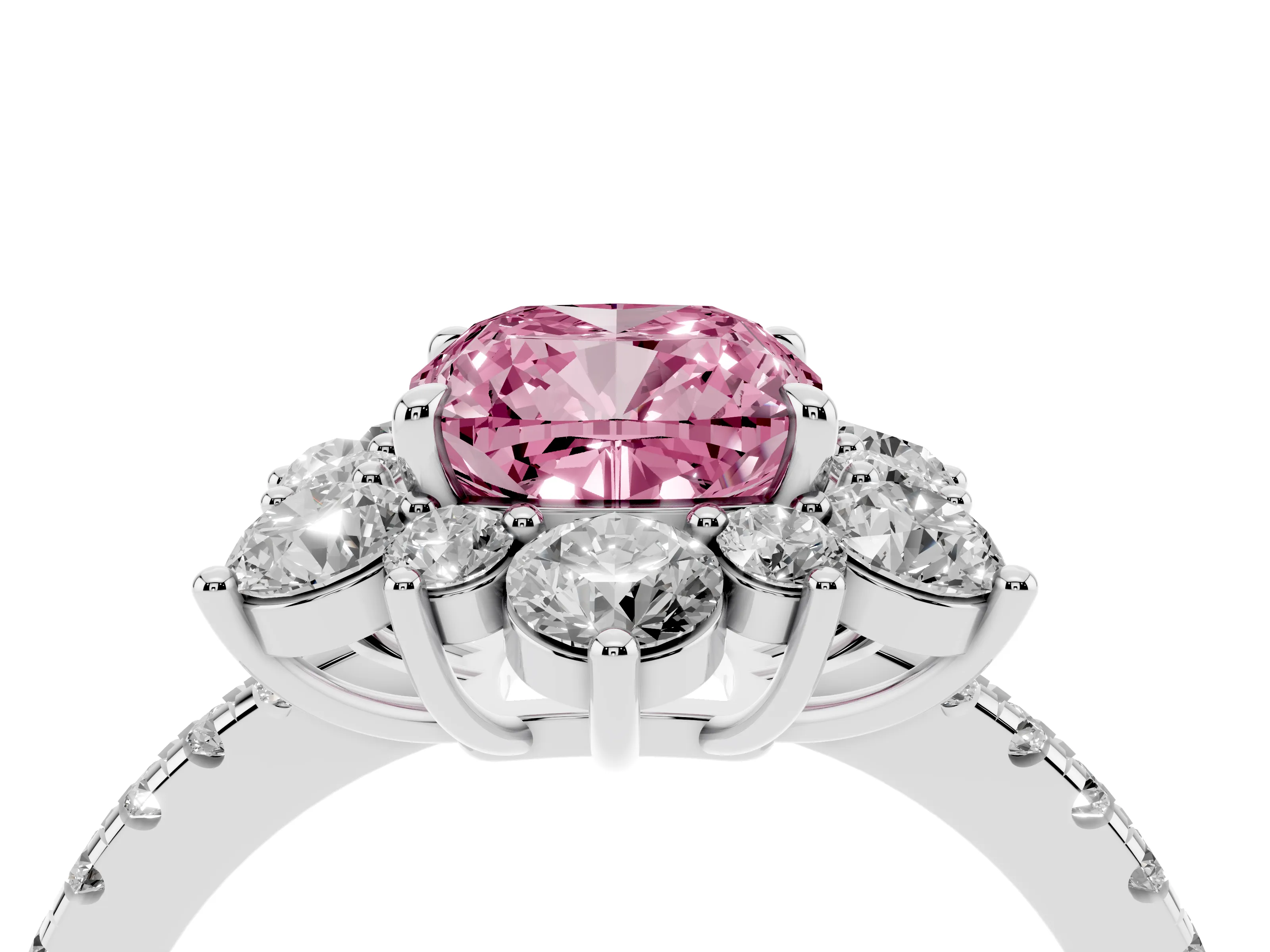 Fancy Pink Cushion Cut Diamond Floral Halo Ring Set in Silver with Round Pavé Band and Prong Setting