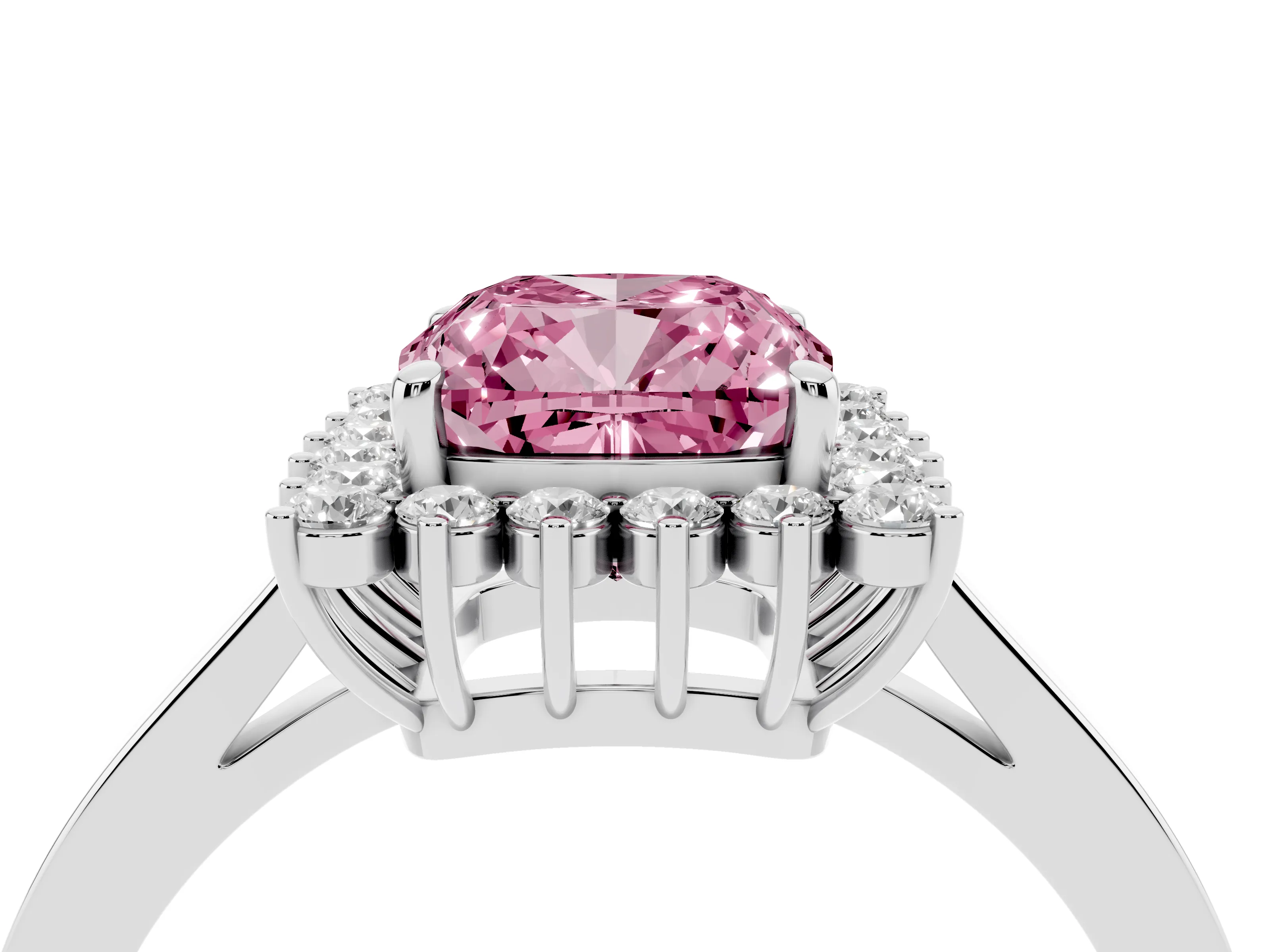 Fancy Pink Cushion Cut Diamond Halo Ring Set in White gold with Round Halo and Smooth Solitaire Band