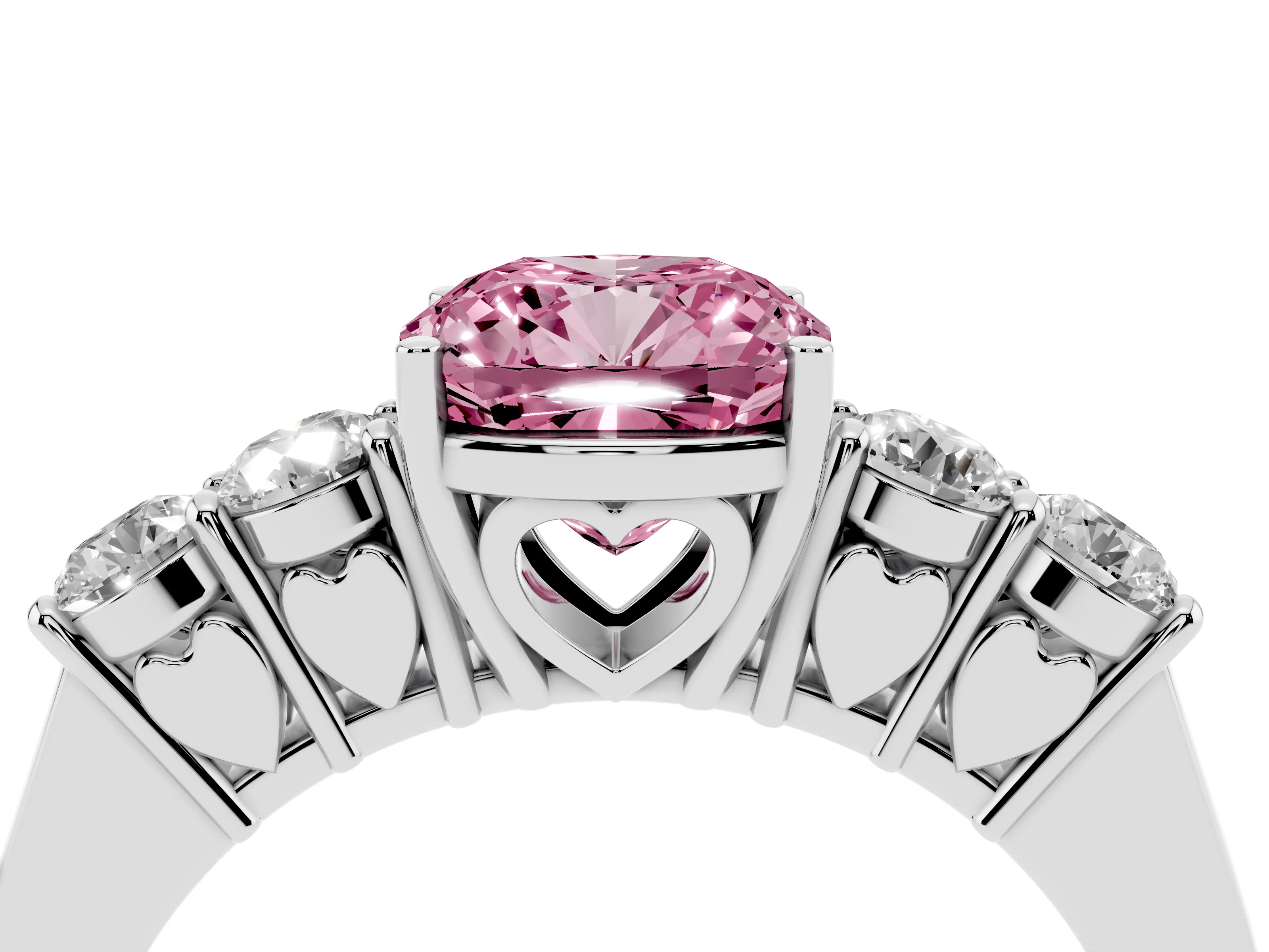 Fancy Pink Cushion Cut Diamond Five-Stone Prong Set Band Ring Set in White gold with Polished Band