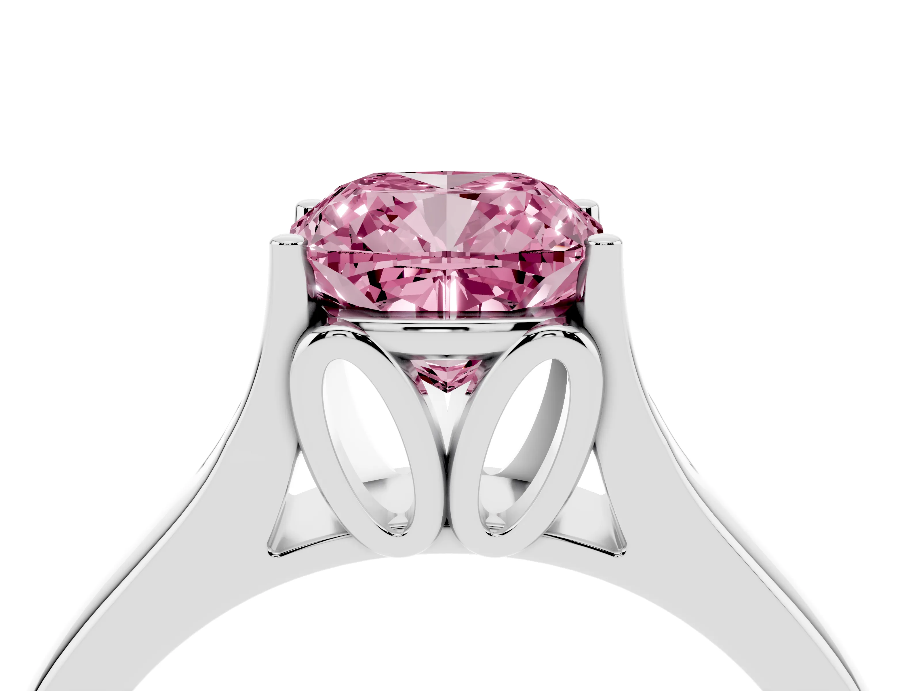 Fancy Pink Cushion Cut Diamond Solitaire Ring Set in White gold with Arched Cathedral Band and Prong Setting
