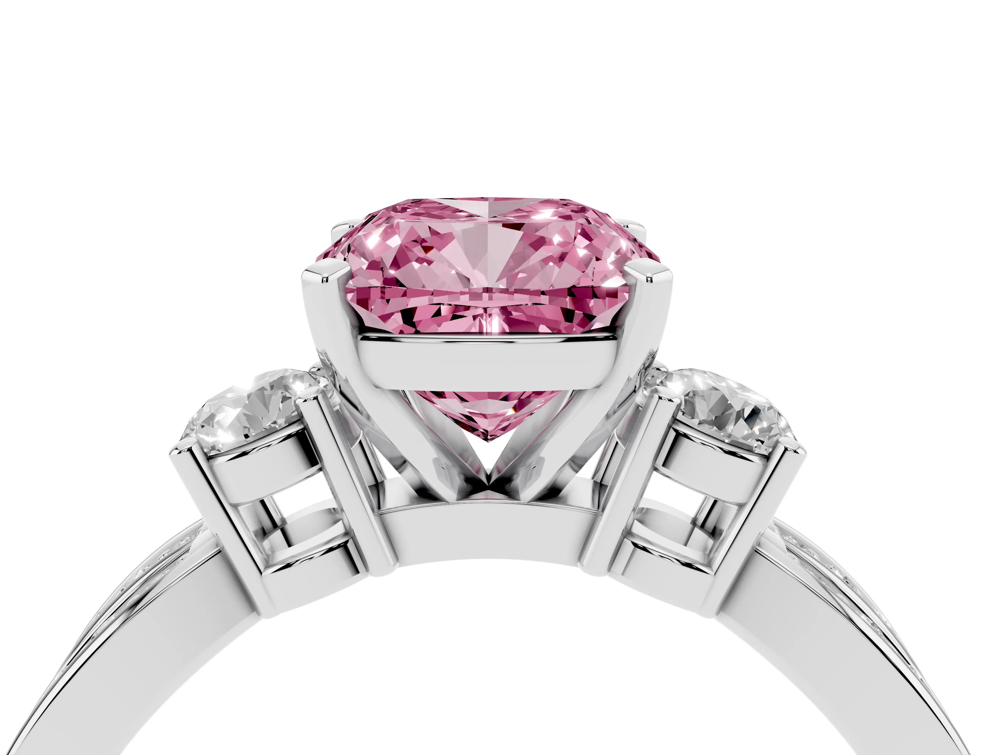 Fancy Pink Three-Stone Cushion Cut Diamond Twist Band Ring Set in White gold with Pavé Accents and Prong Setting