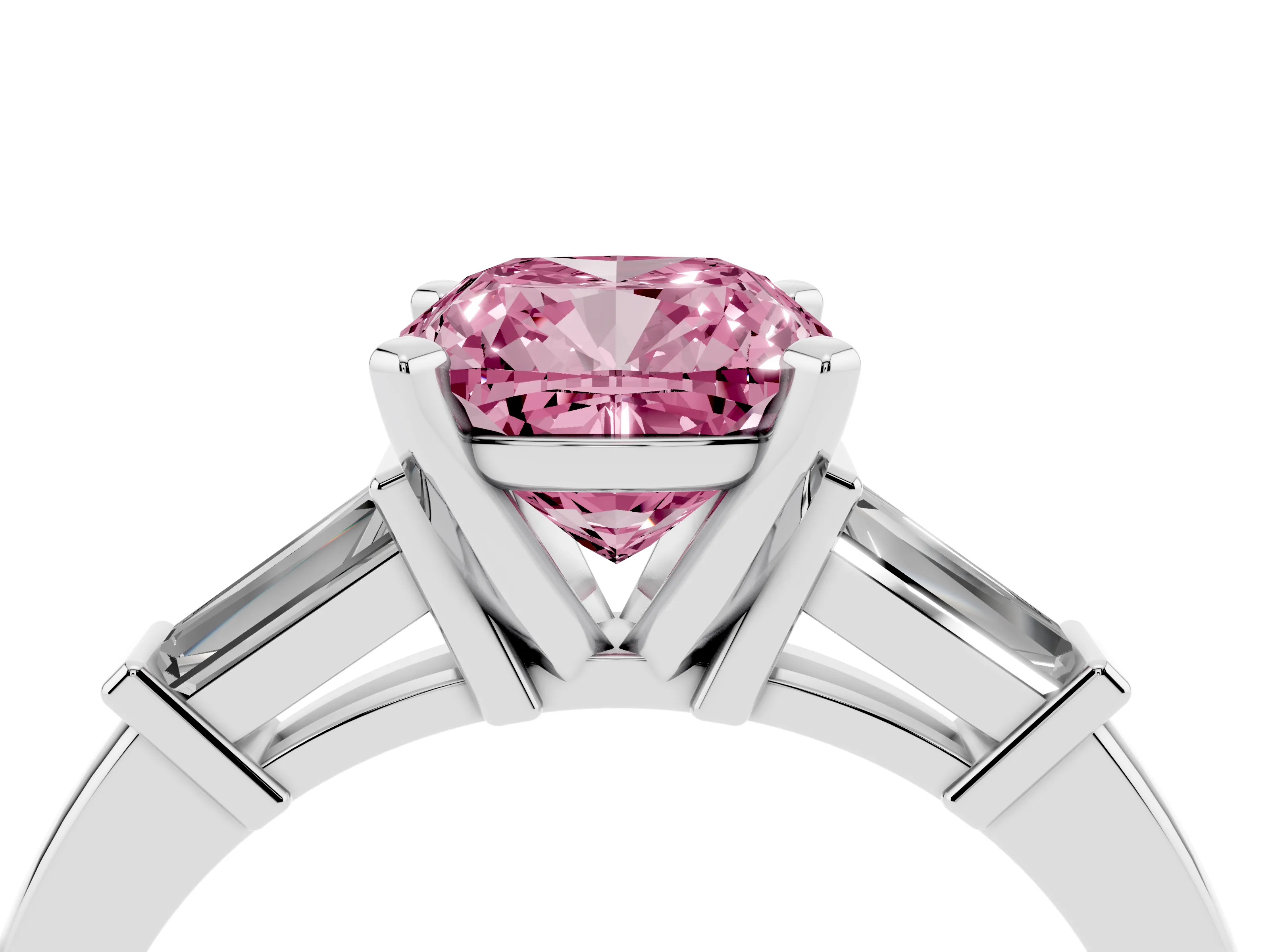 Fancy Pink Cushion Cut Diamond Solitaire Ring Set in Silver with Tapered Baguette Accents and Prong Setting