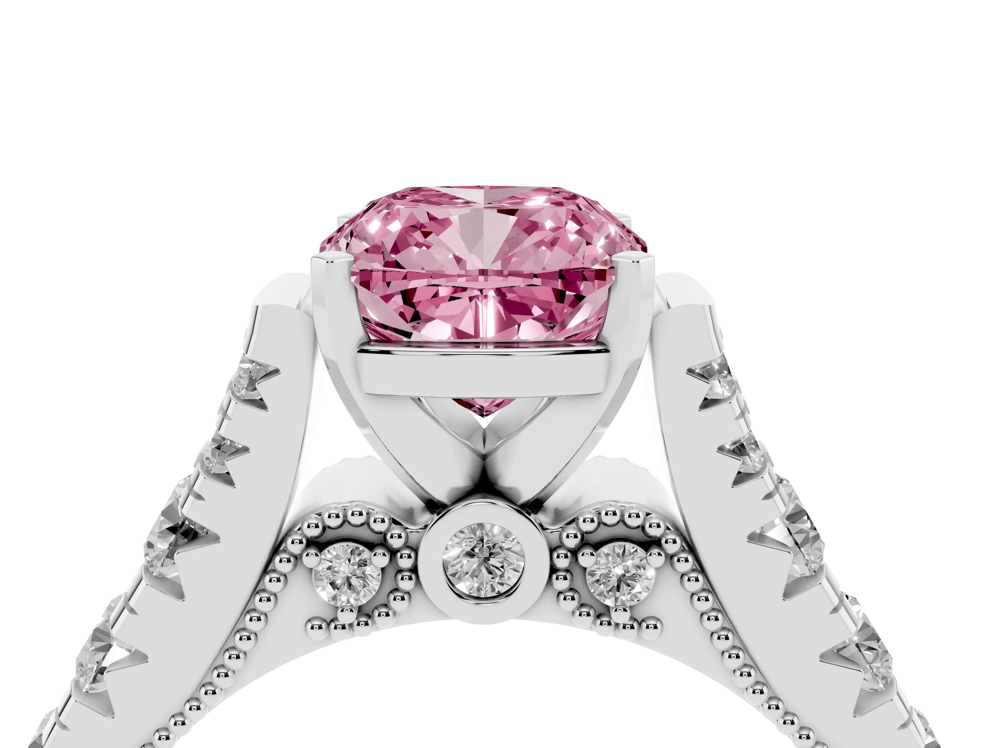 Fancy Pink Cushion Cut Diamond Classic Solitaire Ring Set in White gold with Pavé Band and Prong Setting