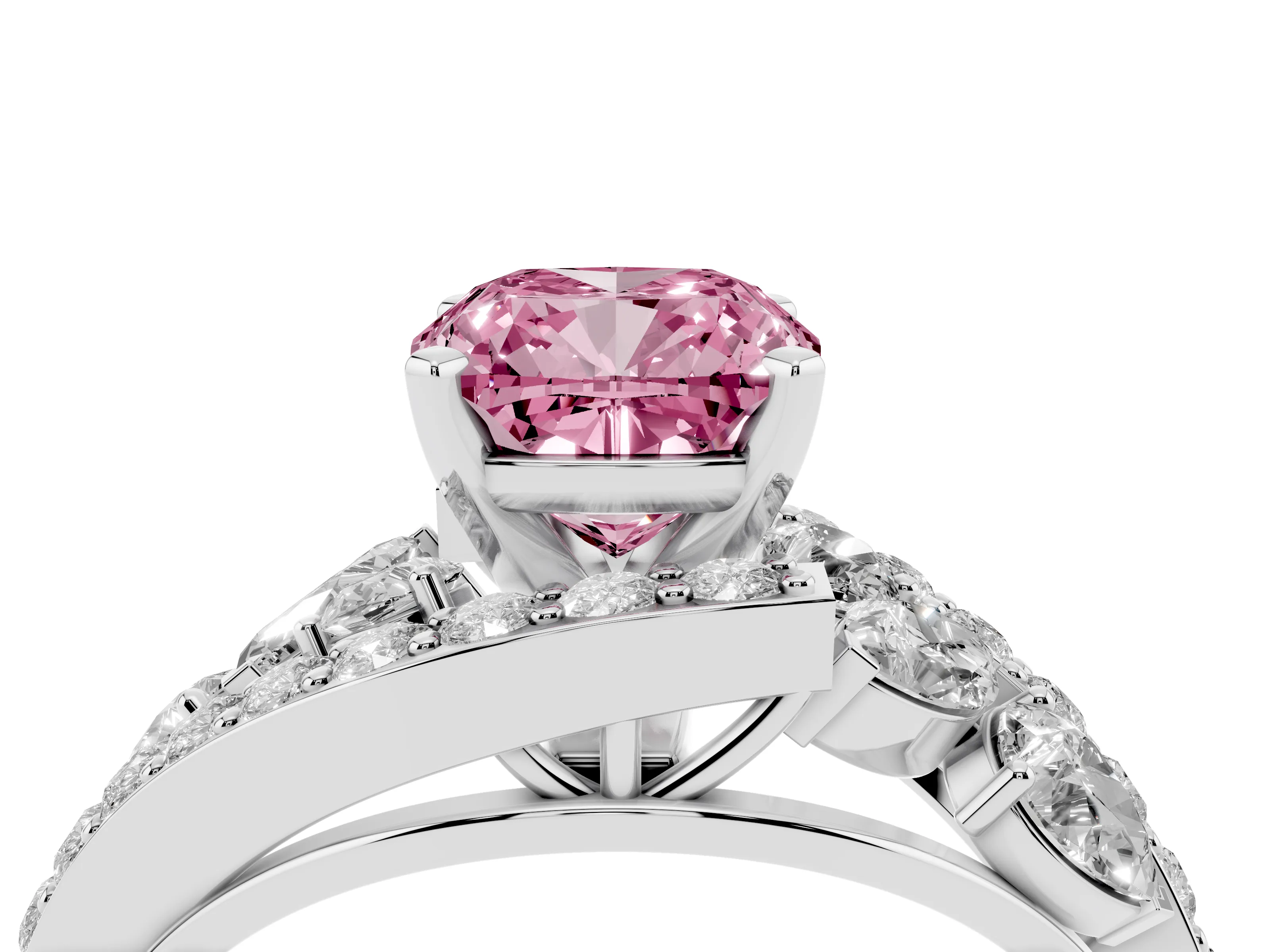 Fancy Pink Cushion Cut Diamond Halo Ring Set in Platinum with Marquise and Pavé Band in Prong Setting