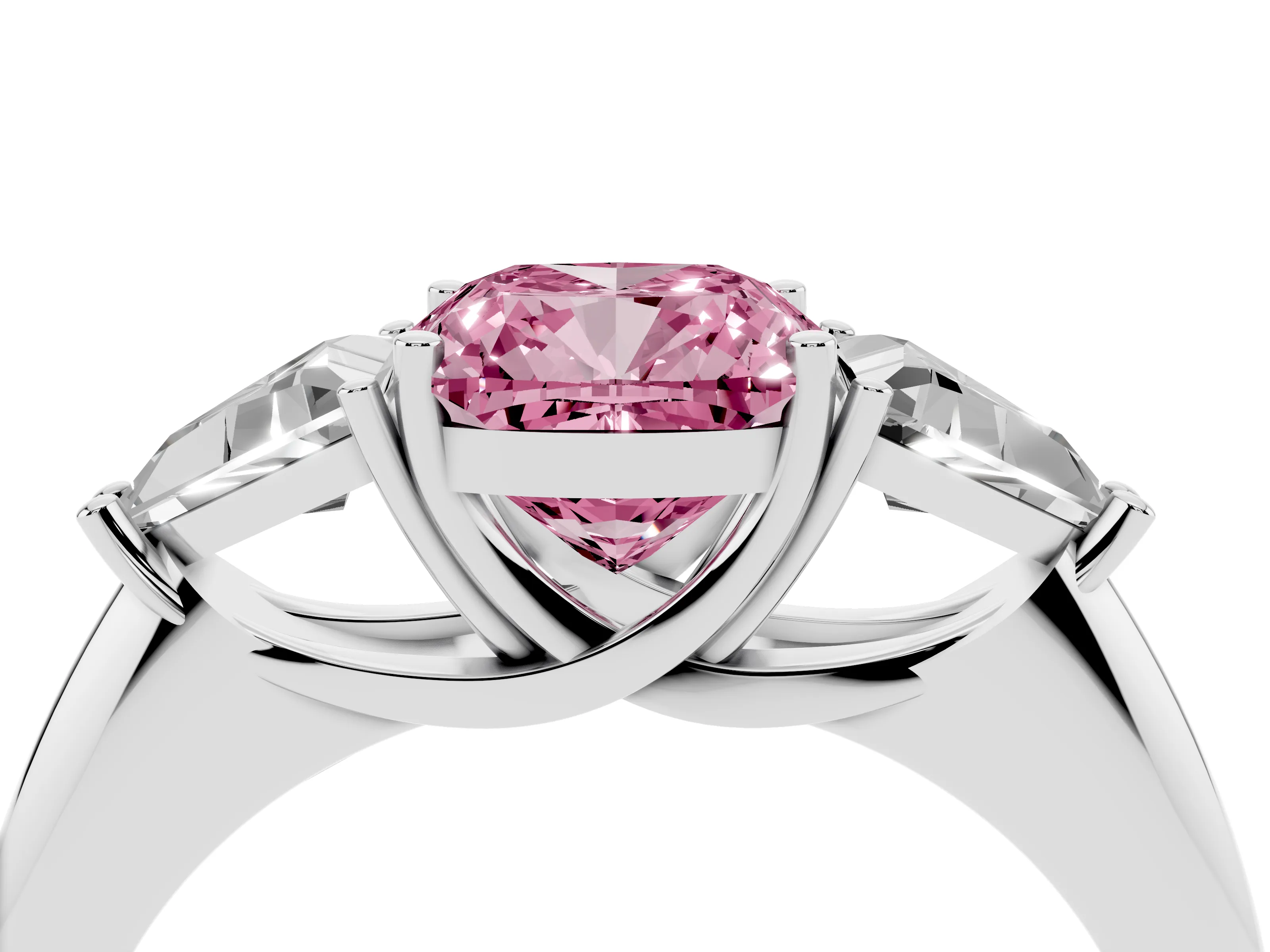 Fancy Pink Cushion Cut Diamond Three-Stone Engagement Ring Set in White gold with Trillion Side Stones
