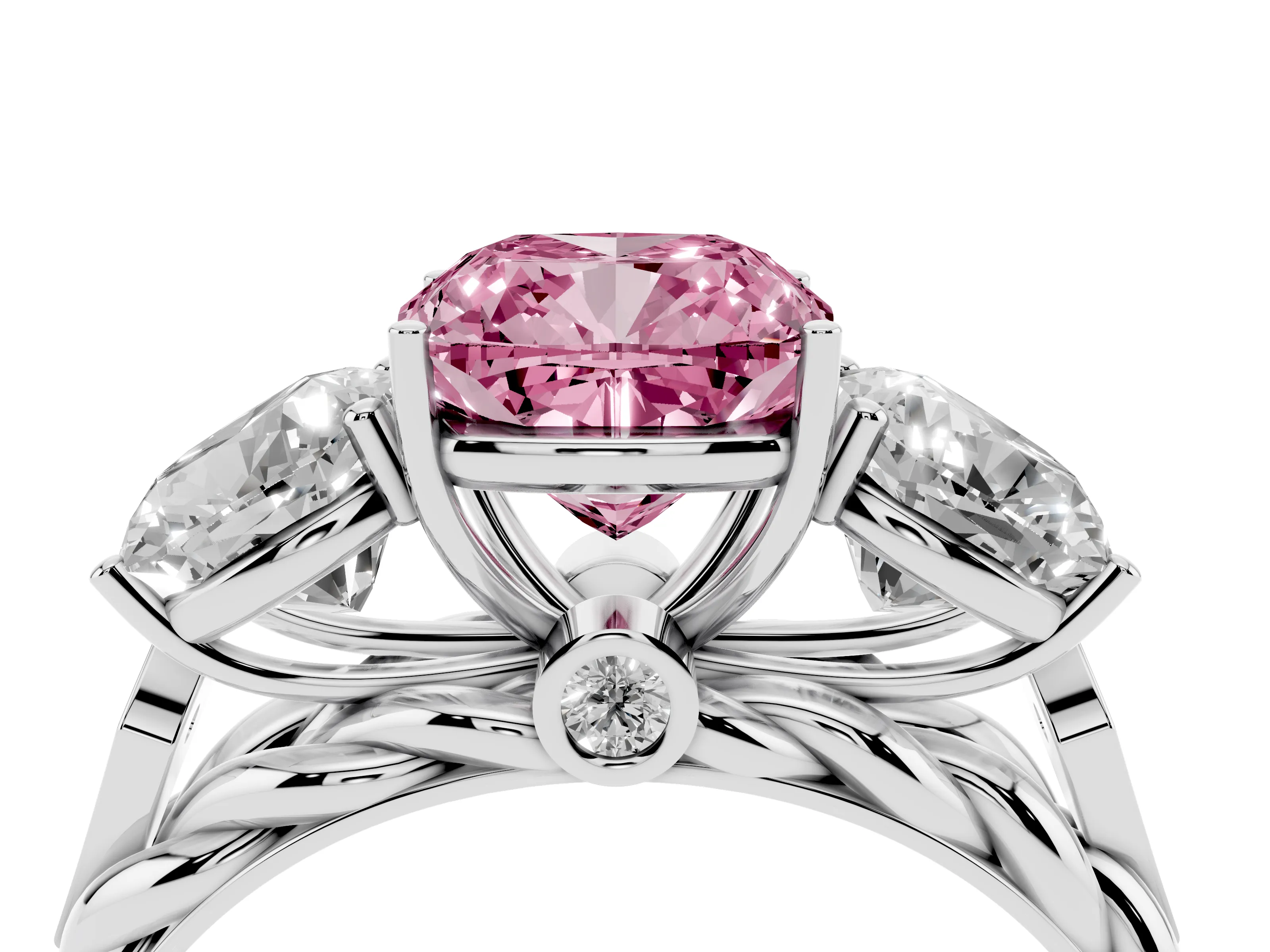 Fancy Pink Cushion Cut Diamond Three-Stone Ring Set in Platinum with Braided Band