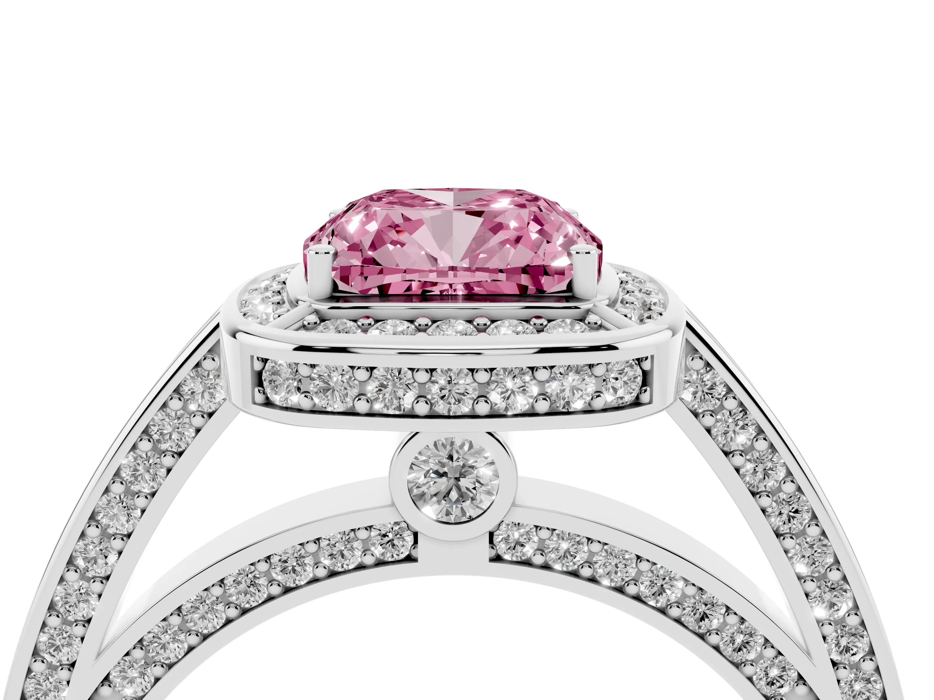 Fancy Pink Cushion Cut Diamond Halo Pavé Split Shank Ring Set in Silver with Prong Setting