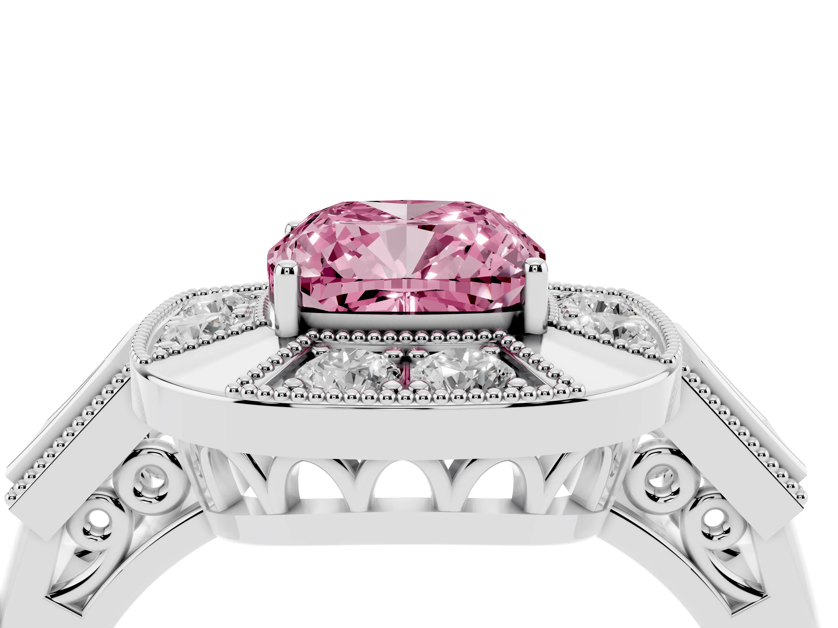 Fancy Pink Cushion Cut Diamond Milgrain Halo Ring Set in White gold with Split Shank