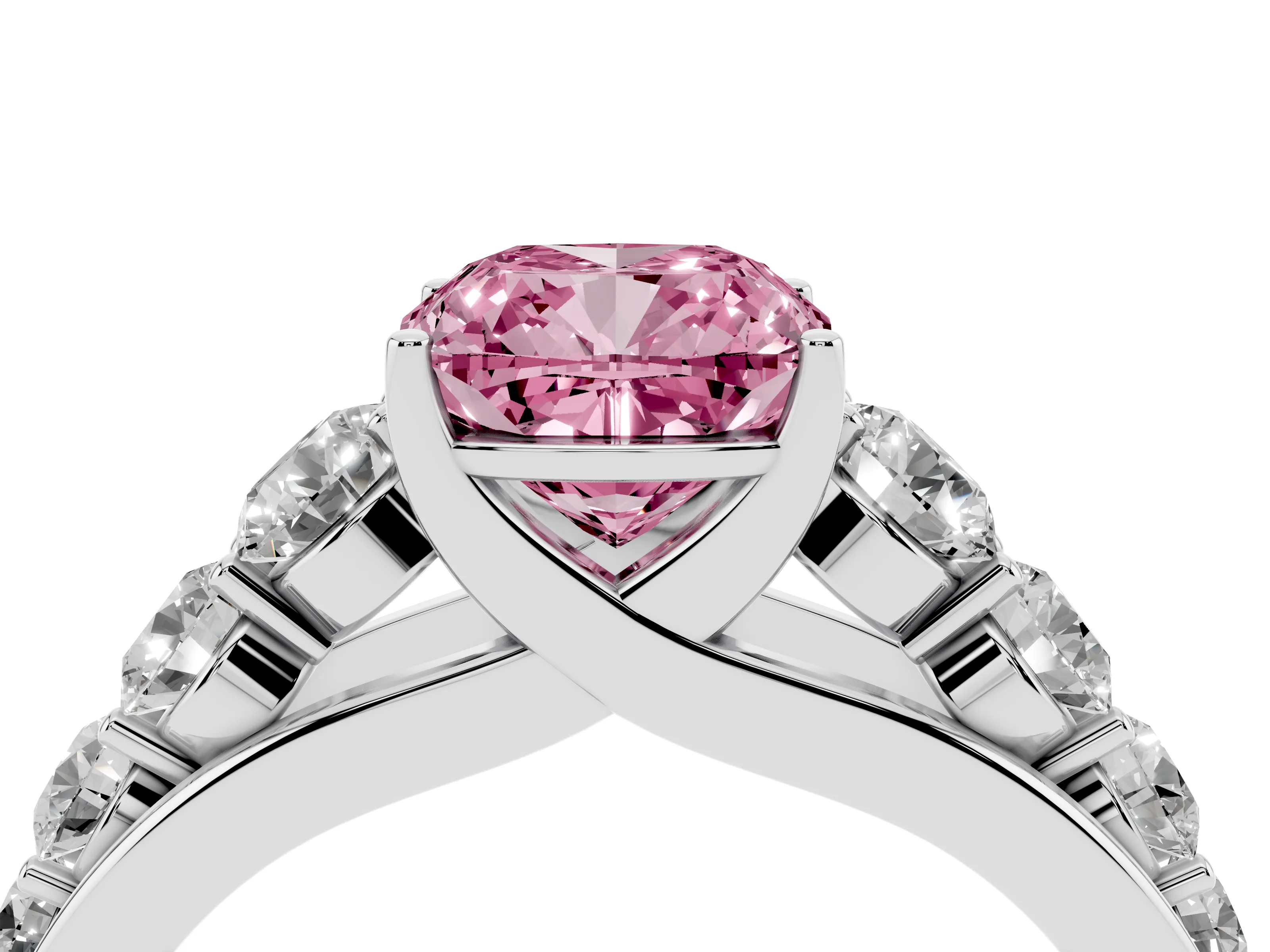 Fancy Pink Cushion Cut Diamond Solitaire Ring Set in Silver with Pavé-Set Band and Prong Setting