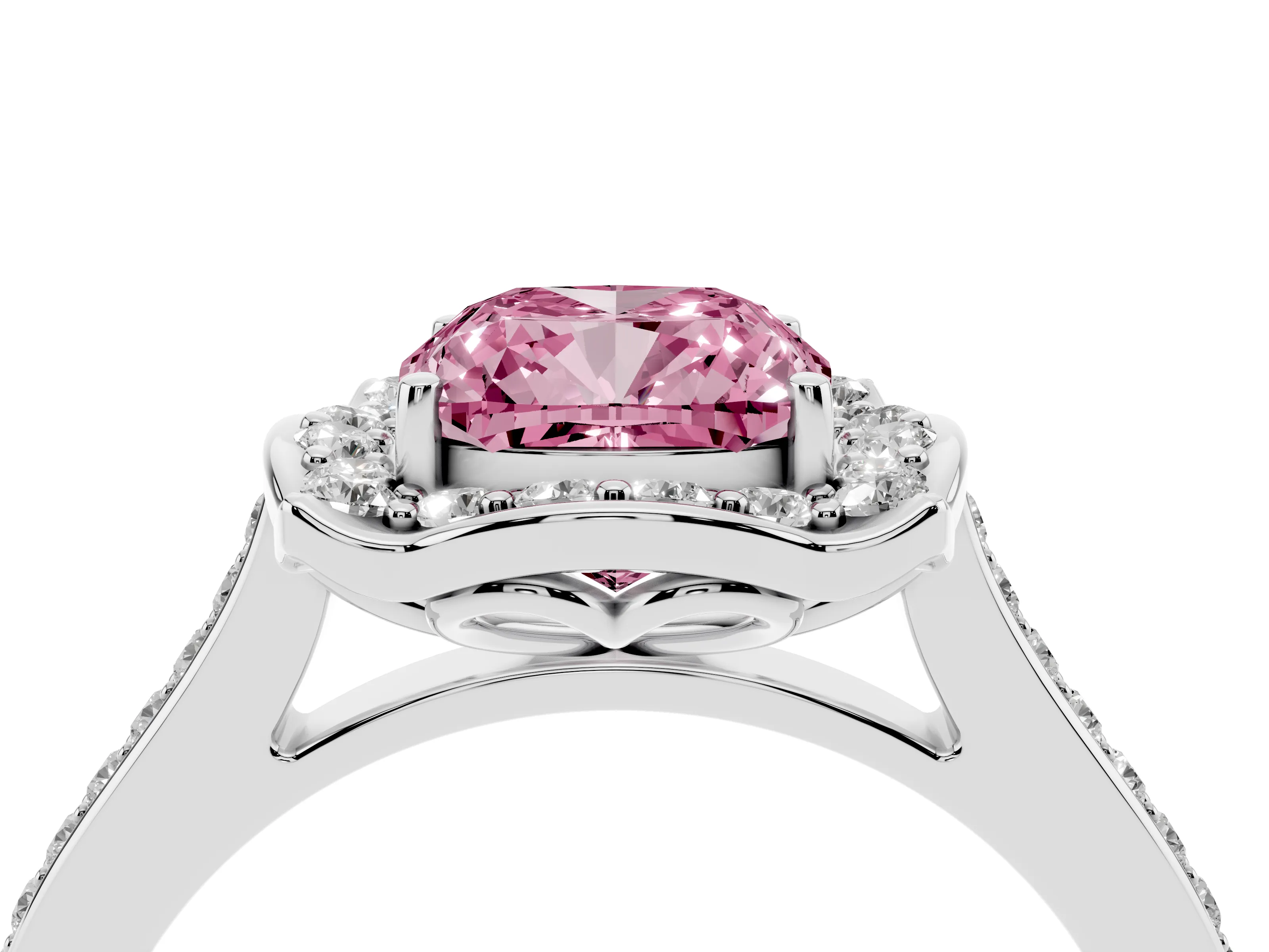 Fancy Pink Cushion Cut Diamond Halo Ring Set in White gold with Pavé-Lined Shoulders and Prong Setting