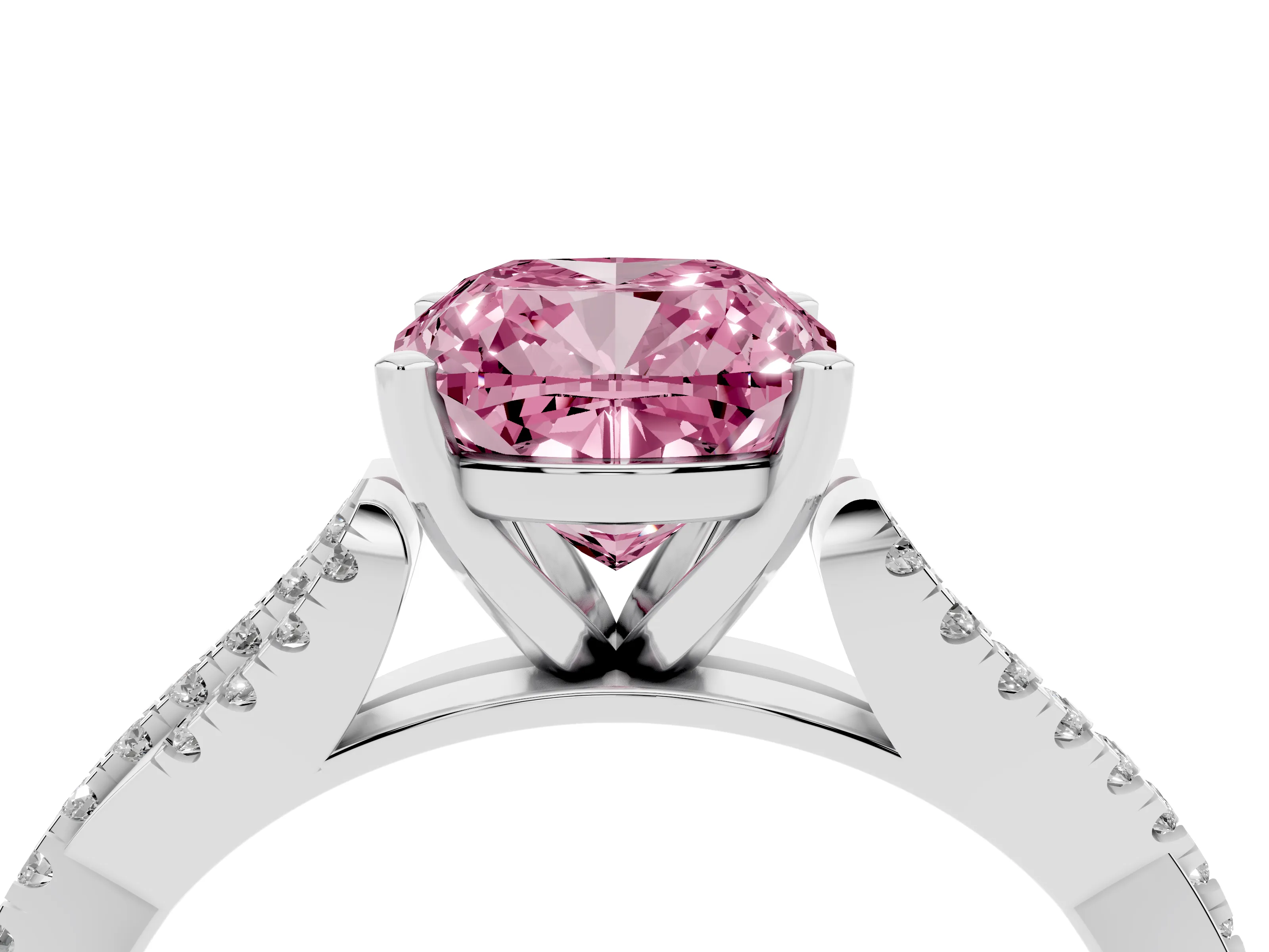 Fancy Pink Cushion Cut Diamond Solitaire Engagement Ring Set in Platinum with Twisted Pavé Band and Prong Setting