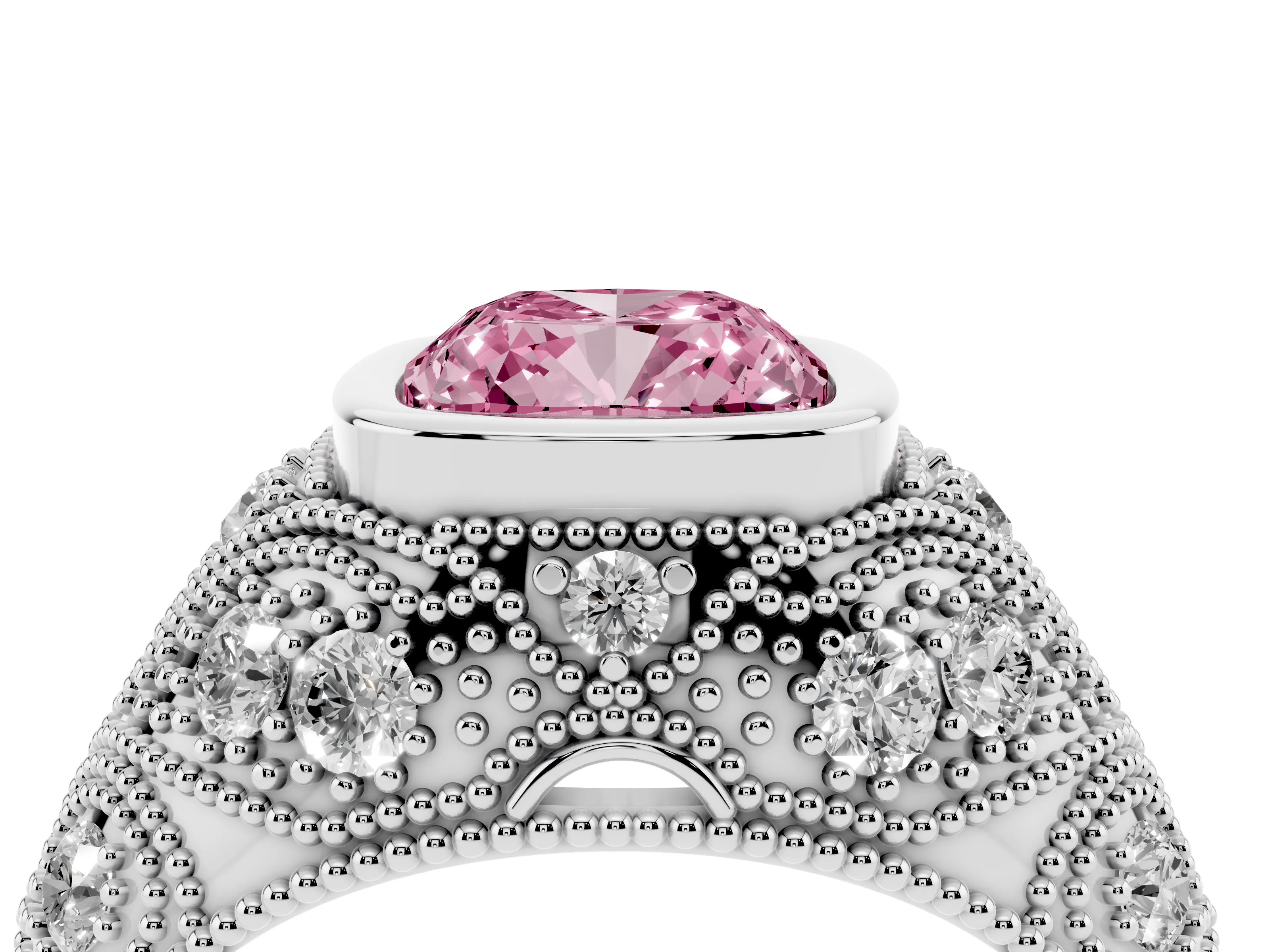 Fancy Pink Cushion Cut Diamond Bezel Ring Set in Silver with Milgrain Accent Band