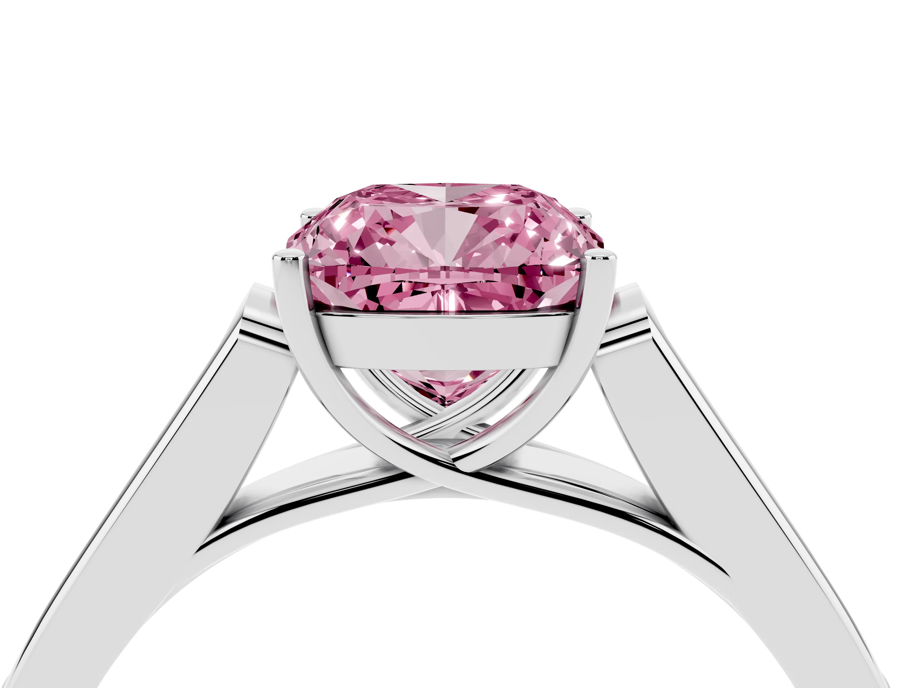 Fancy Pink Cushion Cut Diamond Solitaire Cathedral Engagement Ring Set in White gold with Channel-Set Band and Prong Setting