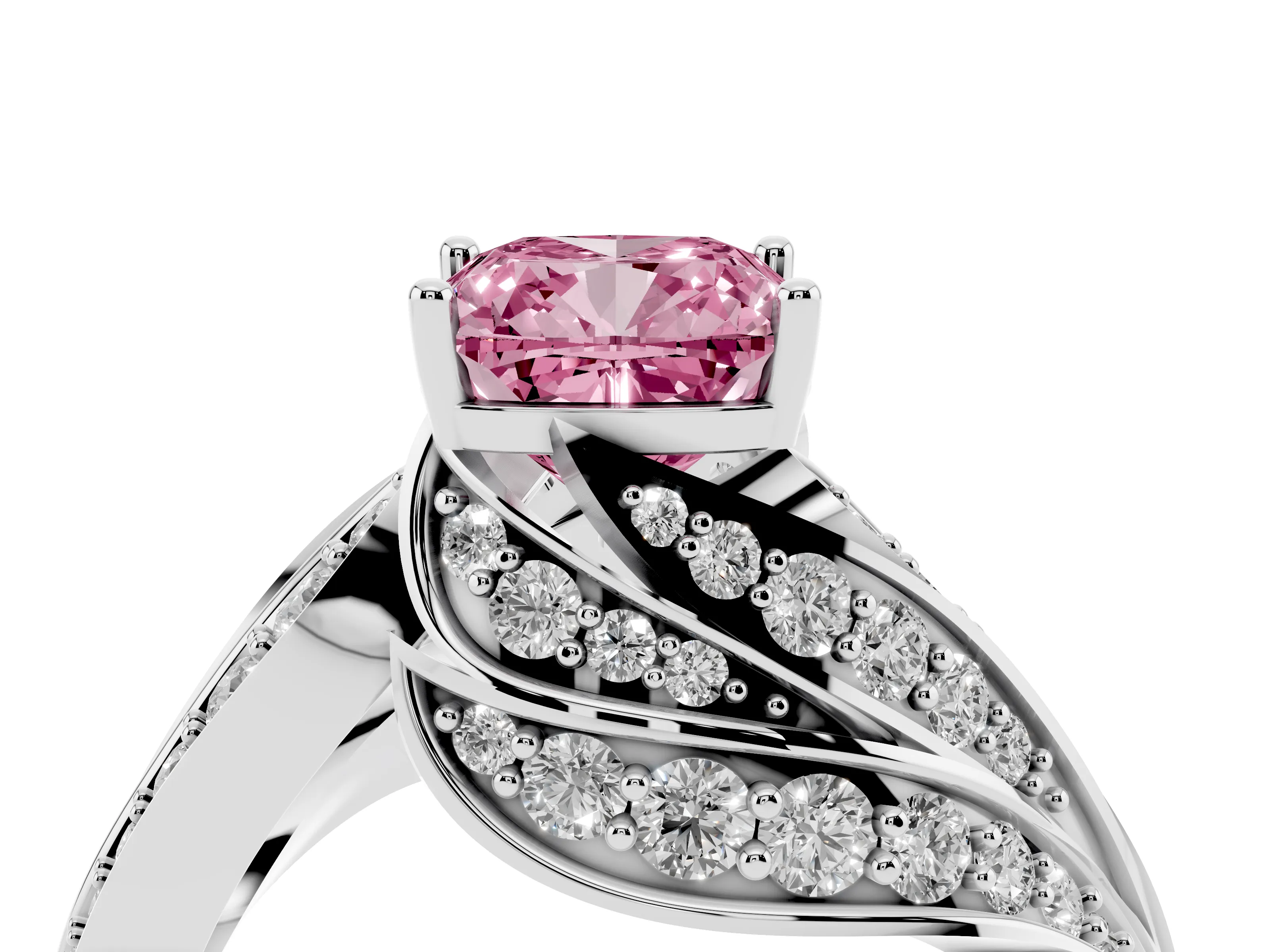 Fancy Pink Cushion Cut Diamond Solitaire Ring Set in White gold with Layered Twist Pavé Band