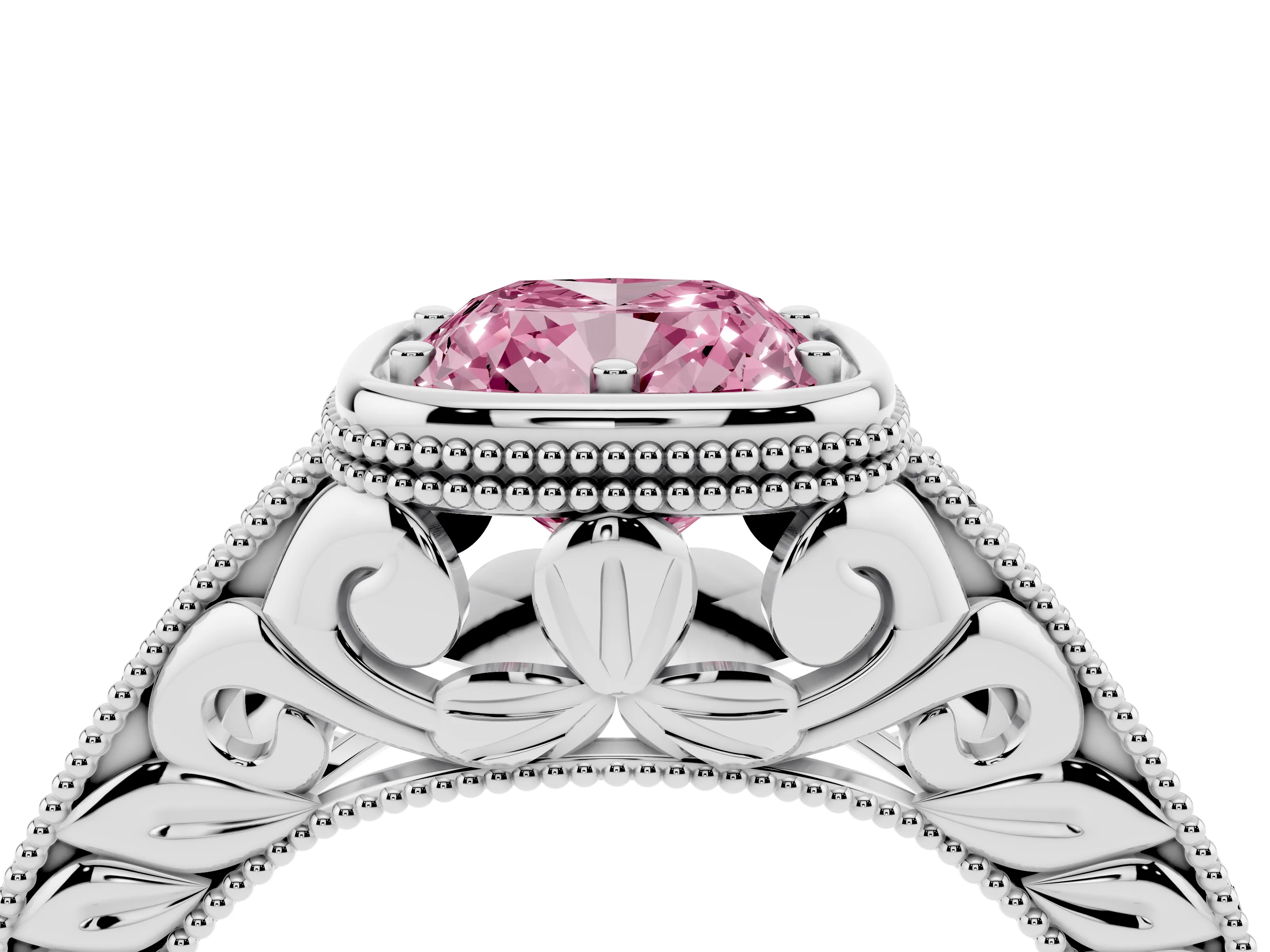 Fancy Pink Bezel Set Cushion Cut Diamond Milgrain Pavé Engagement Ring Set in Silver