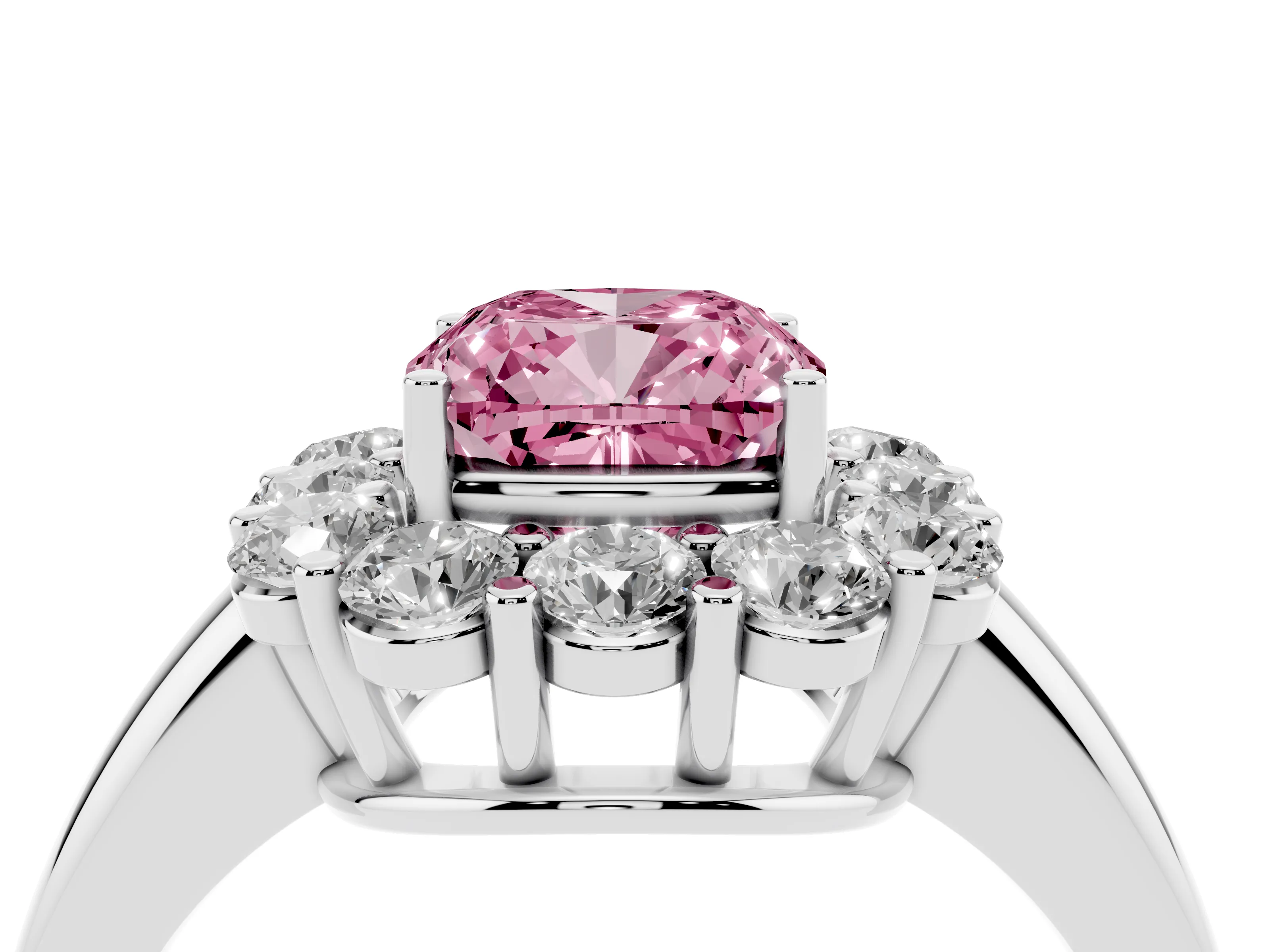 Fancy Pink Cushion Cut Diamond Halo Cluster Engagement Ring Set in White gold with Polished Band and Prong Setting
