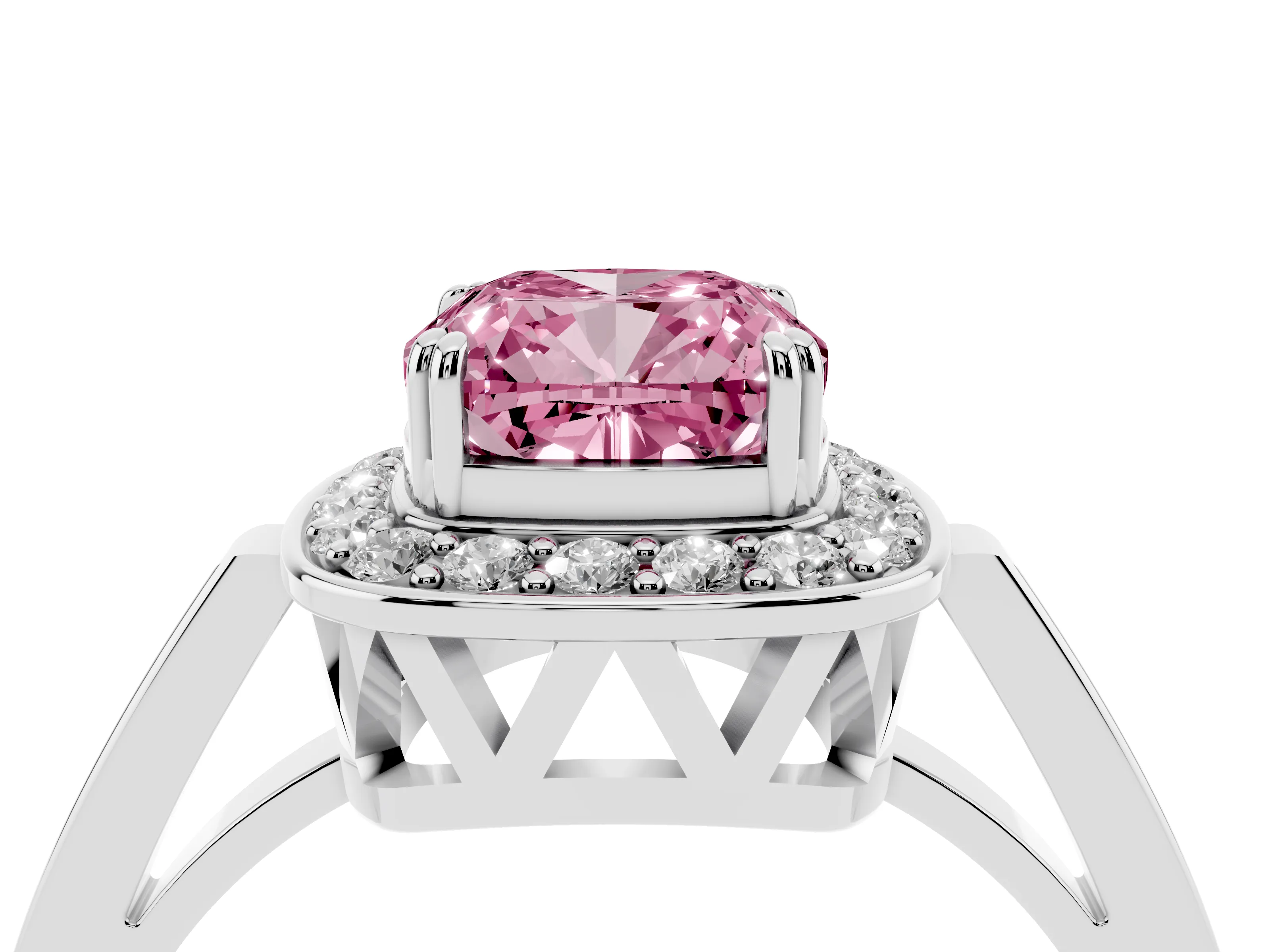 Fancy Pink Cushion Cut Diamond Halo Ring Set in Platinum with Accent-Lined Split Shank and Prong Setting