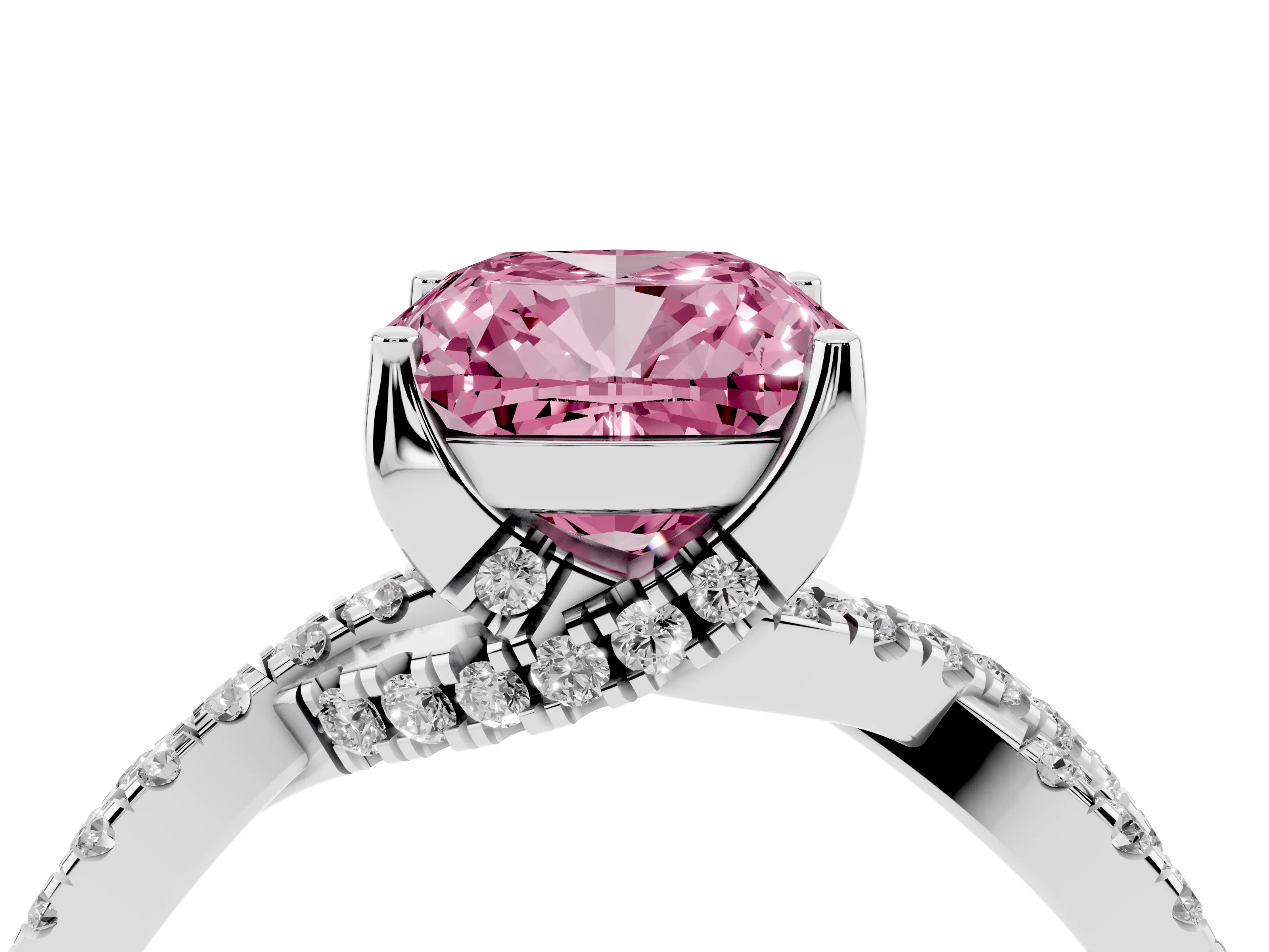 Fancy Pink Cushion Cut Diamond Twist Pavé Solitaire Engagement Ring Set in White gold with Prong Setting