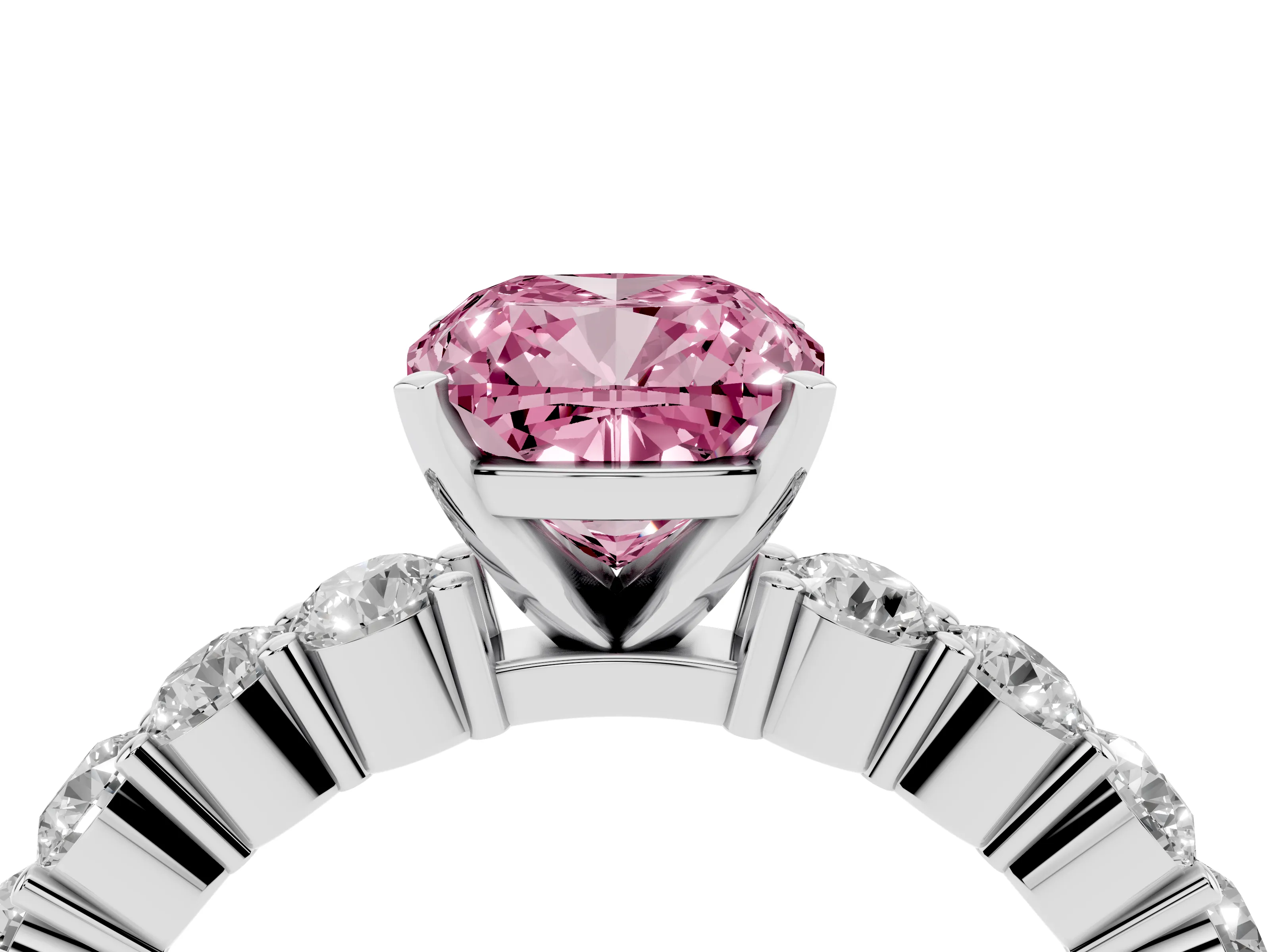 Fancy Pink Cushion Cut Diamond Solitaire Ring Set in Silver with Shared Prong Round Side Stones