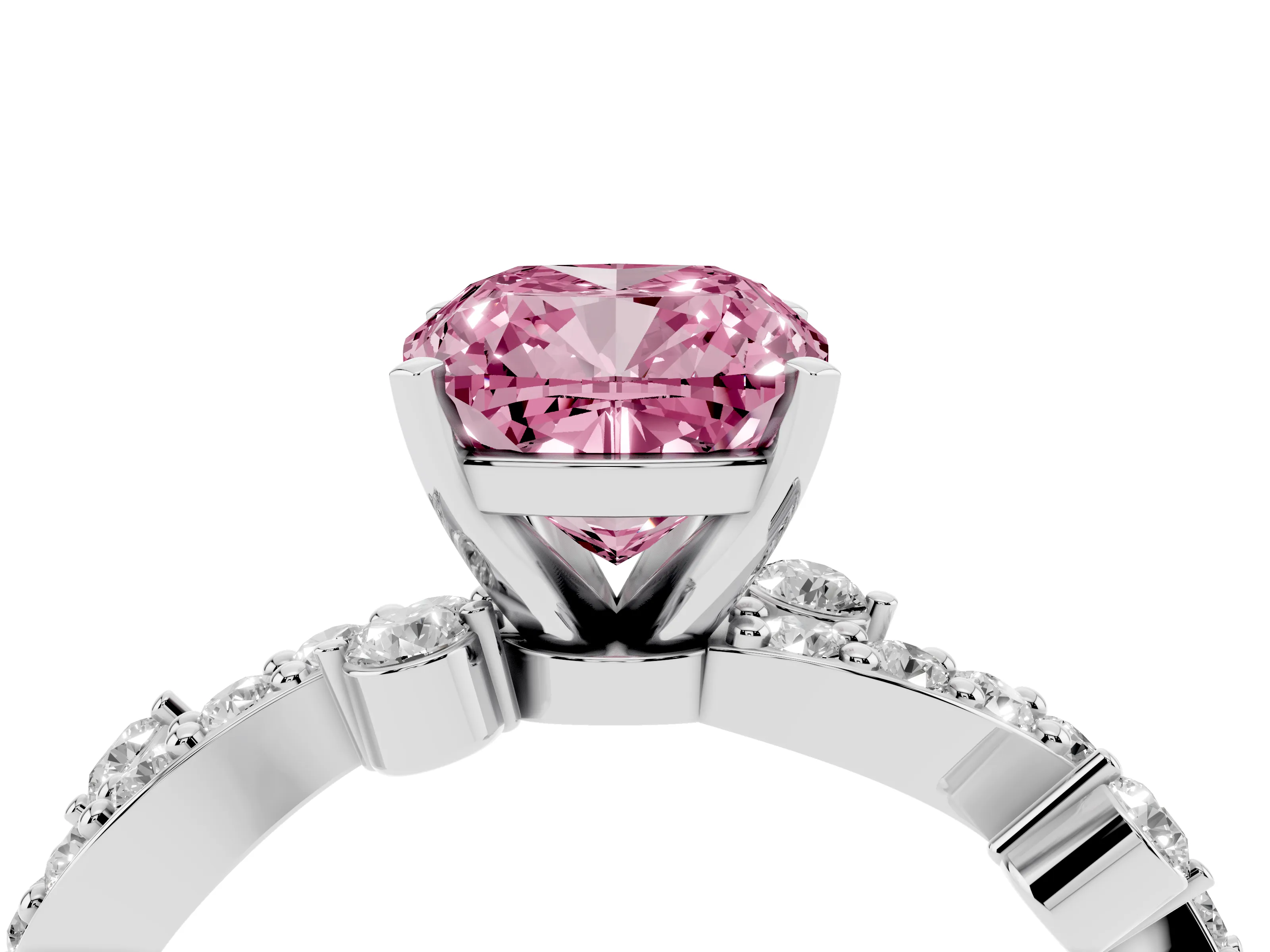 Fancy Pink Cushion Cut Diamond Solitaire Twisted Band Set in White gold with Pavé Setting