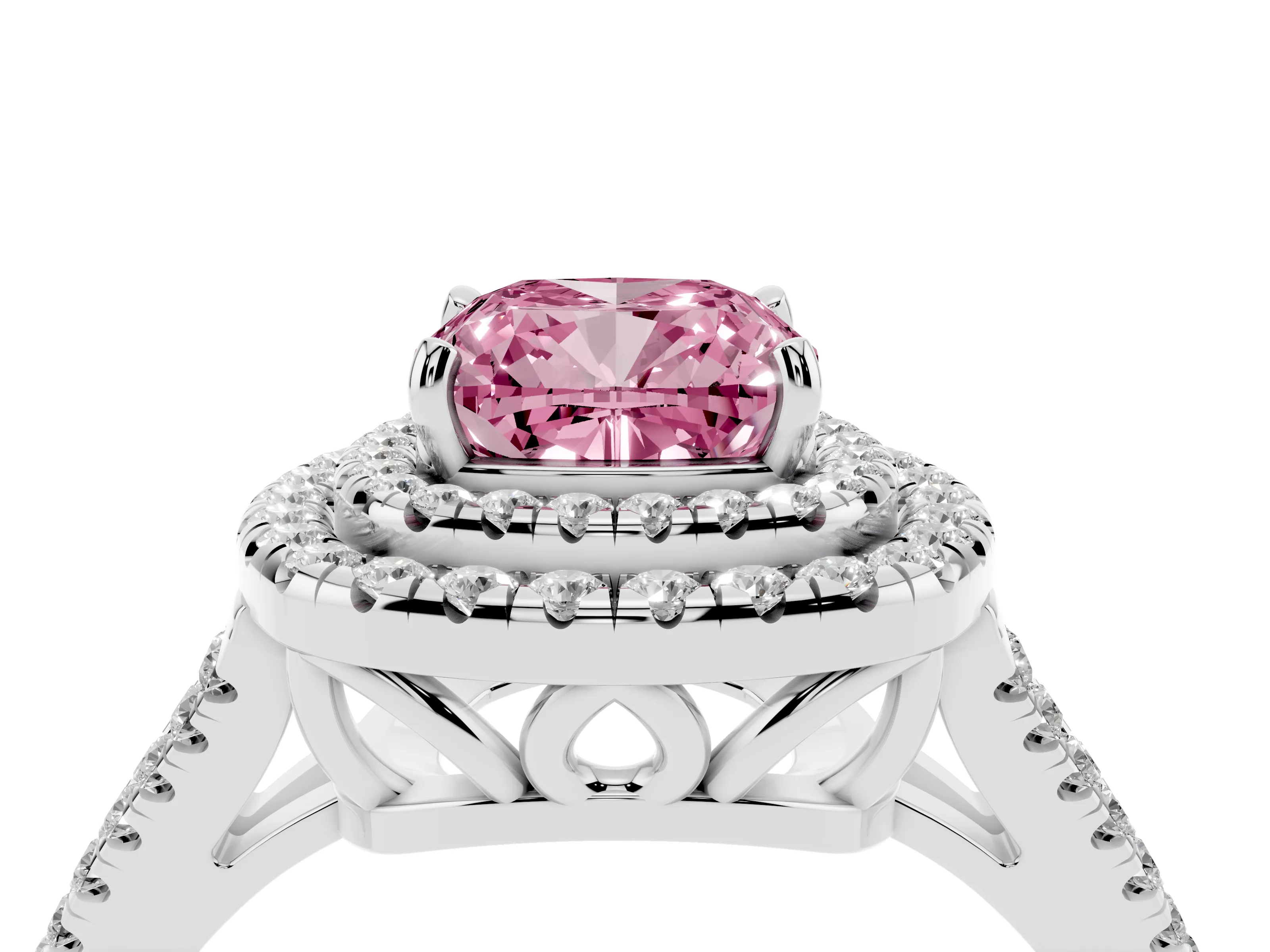 Fancy Pink Cushion Cut Diamond Double Halo Ring Set in Platinum with Pavé Band