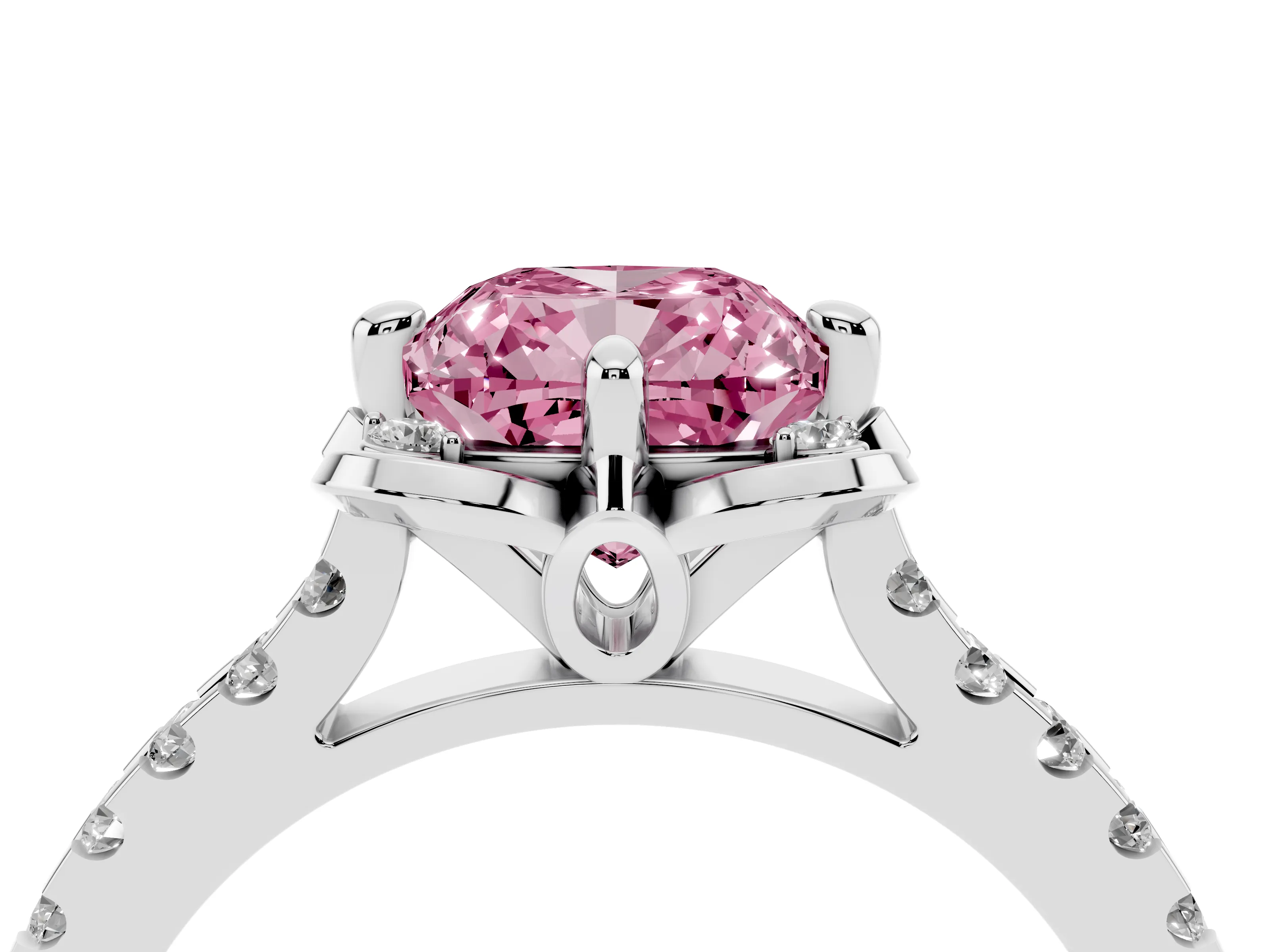 Fancy Pink Cushion Cut Diamond Solitaire Ring Set in Platinum with Pavé Band and Floral Prong Setting
