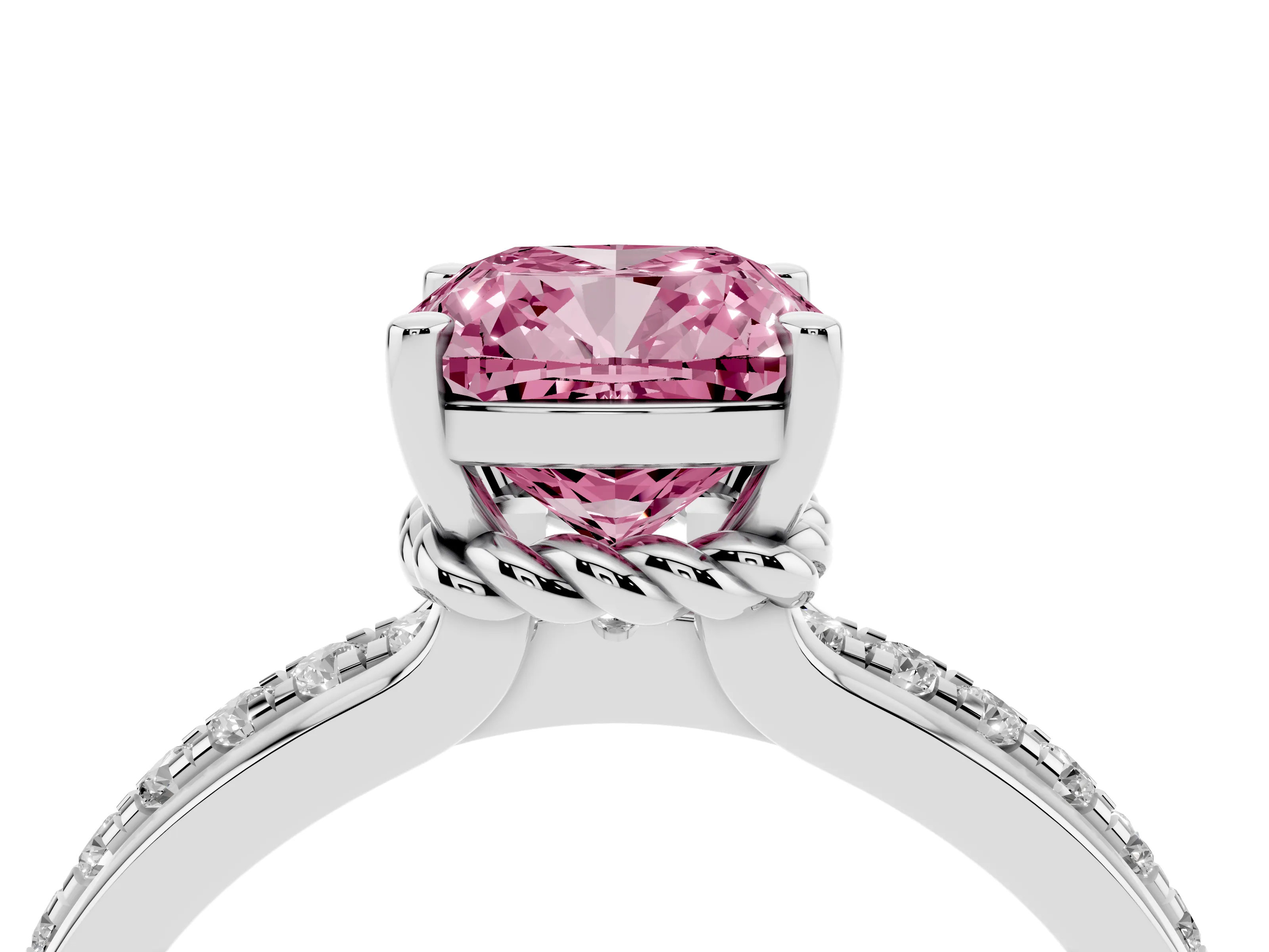 Fancy Pink Cushion Cut Diamond Solitaire Ring Set in Silver with Channel Set Band and Prong Setting