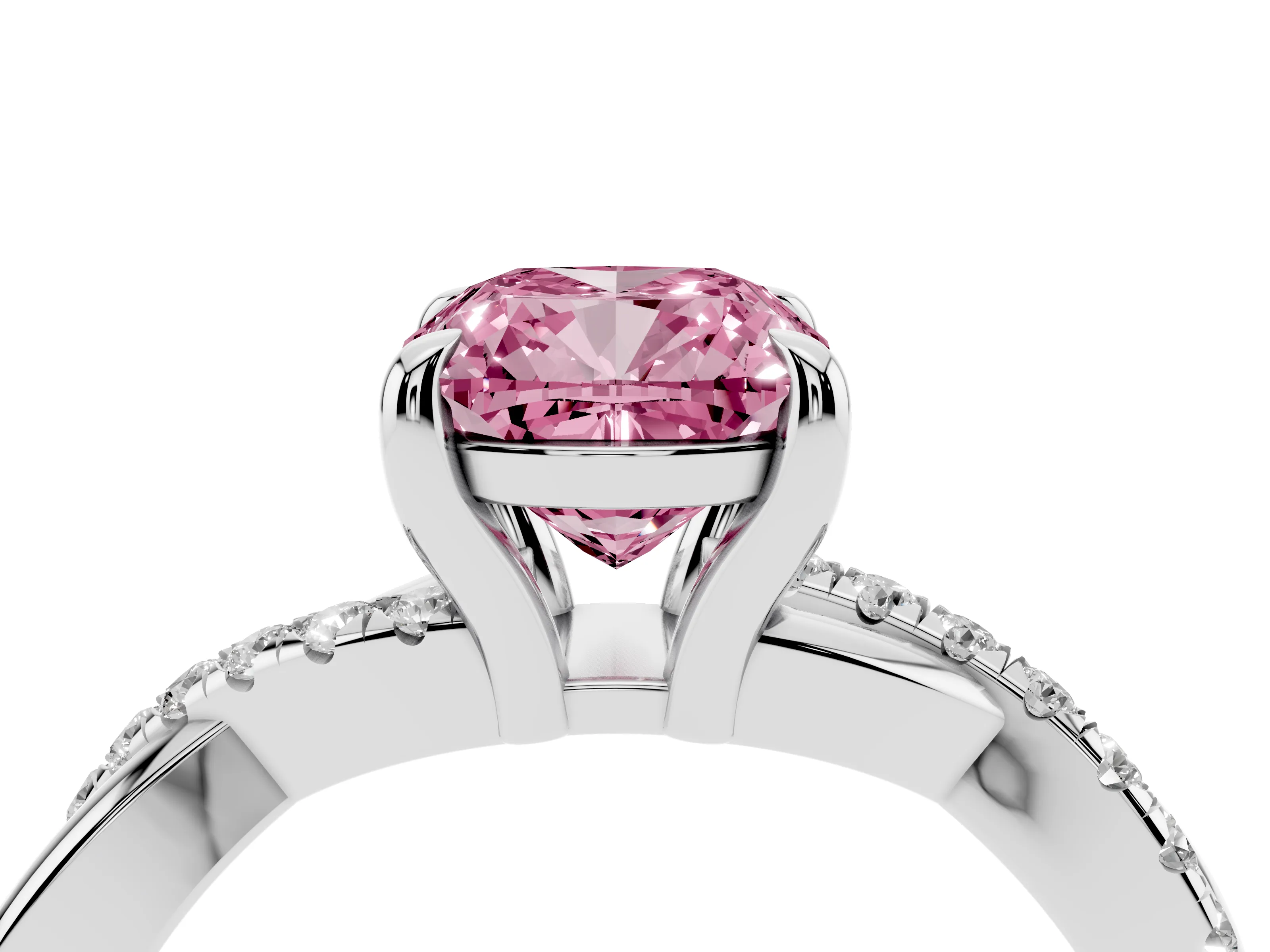 Fancy Pink Cushion Cut Diamond Twist Band Pavé Solitaire Ring Set in White gold with Prong Setting