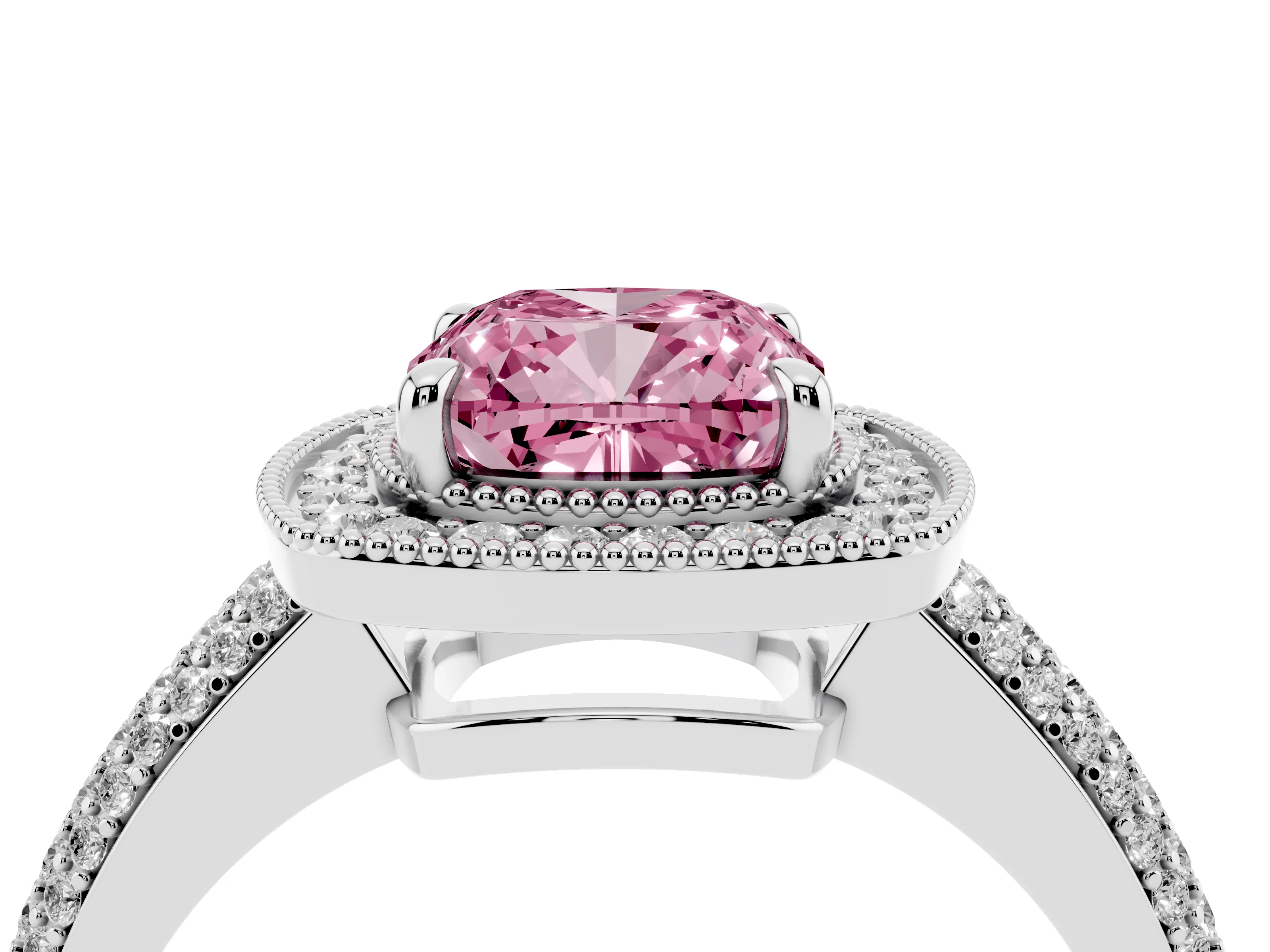 Fancy Pink Cushion Cut Diamond Halo Pavé Band Set in Platinum with Prong Setting