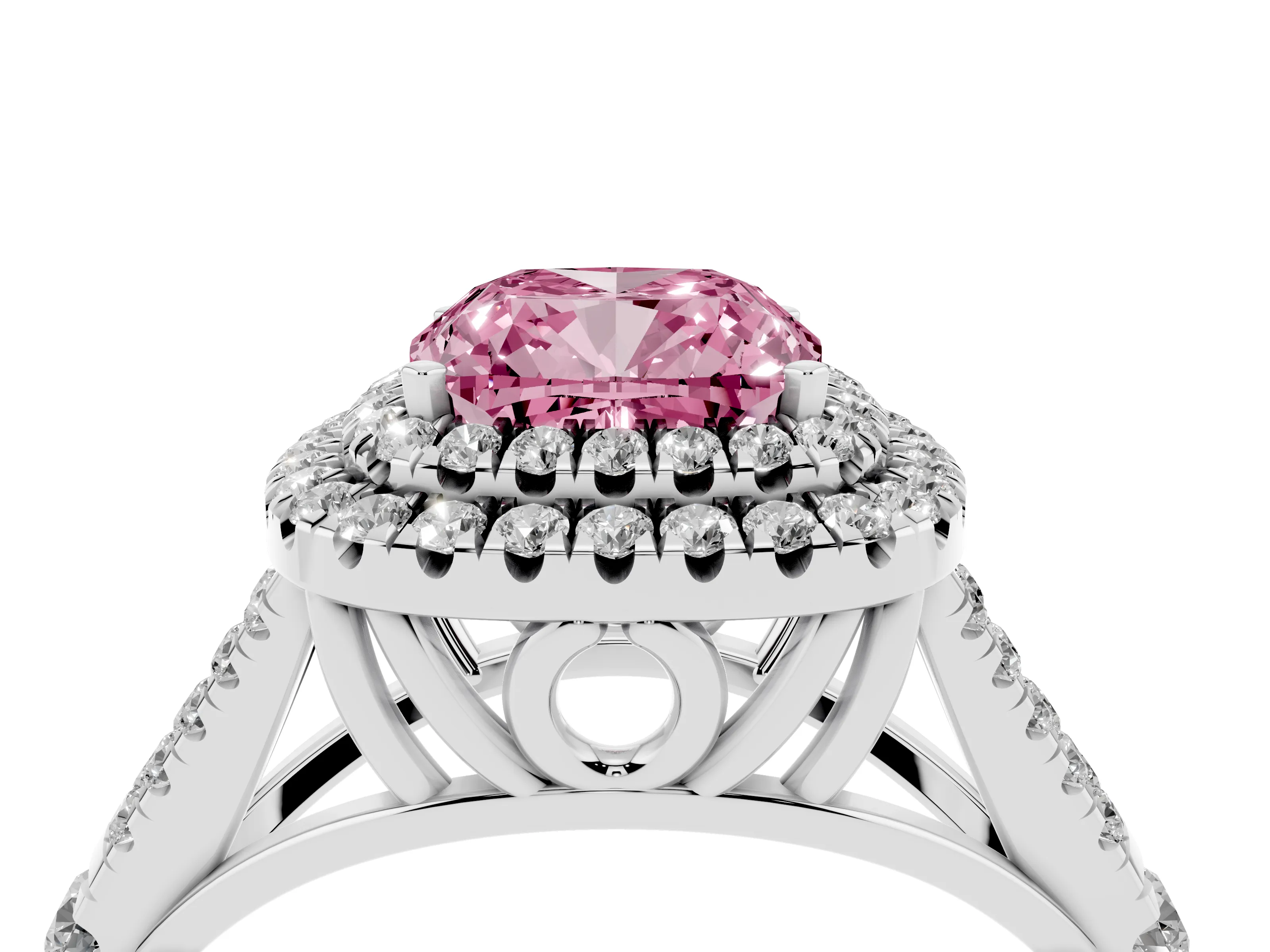 Fancy Pink Cushion Cut Diamond Pavé Split Shank Double Halo Engagement Ring Set in White gold