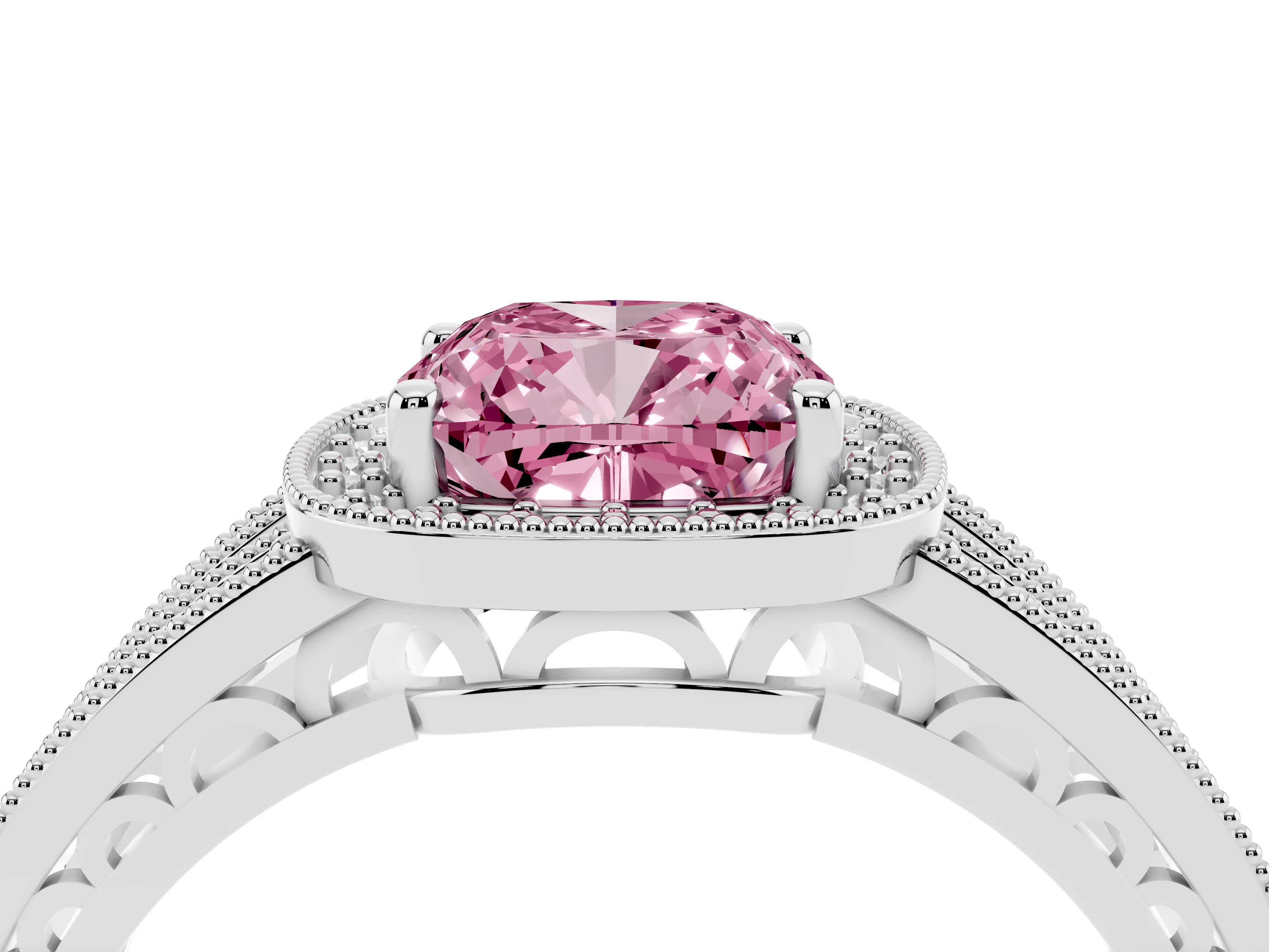 Fancy Pink Cushion Cut Diamond Halo Ring Set in Silver with Accent Split Shank and Prong Setting