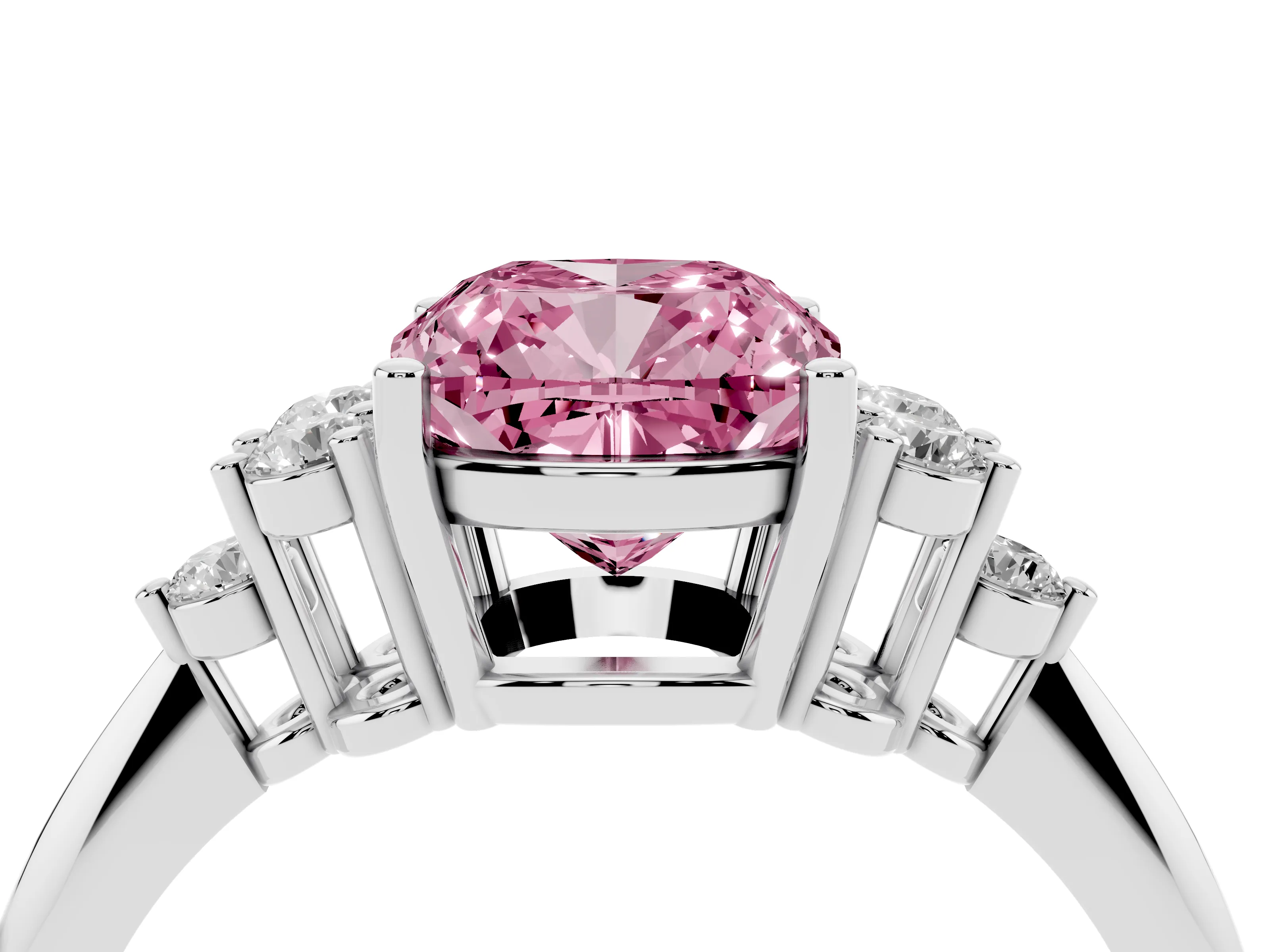 Fancy Pink Cushion Cut Diamond Cluster Ring Set in White gold with Plain Band and Prong Setting