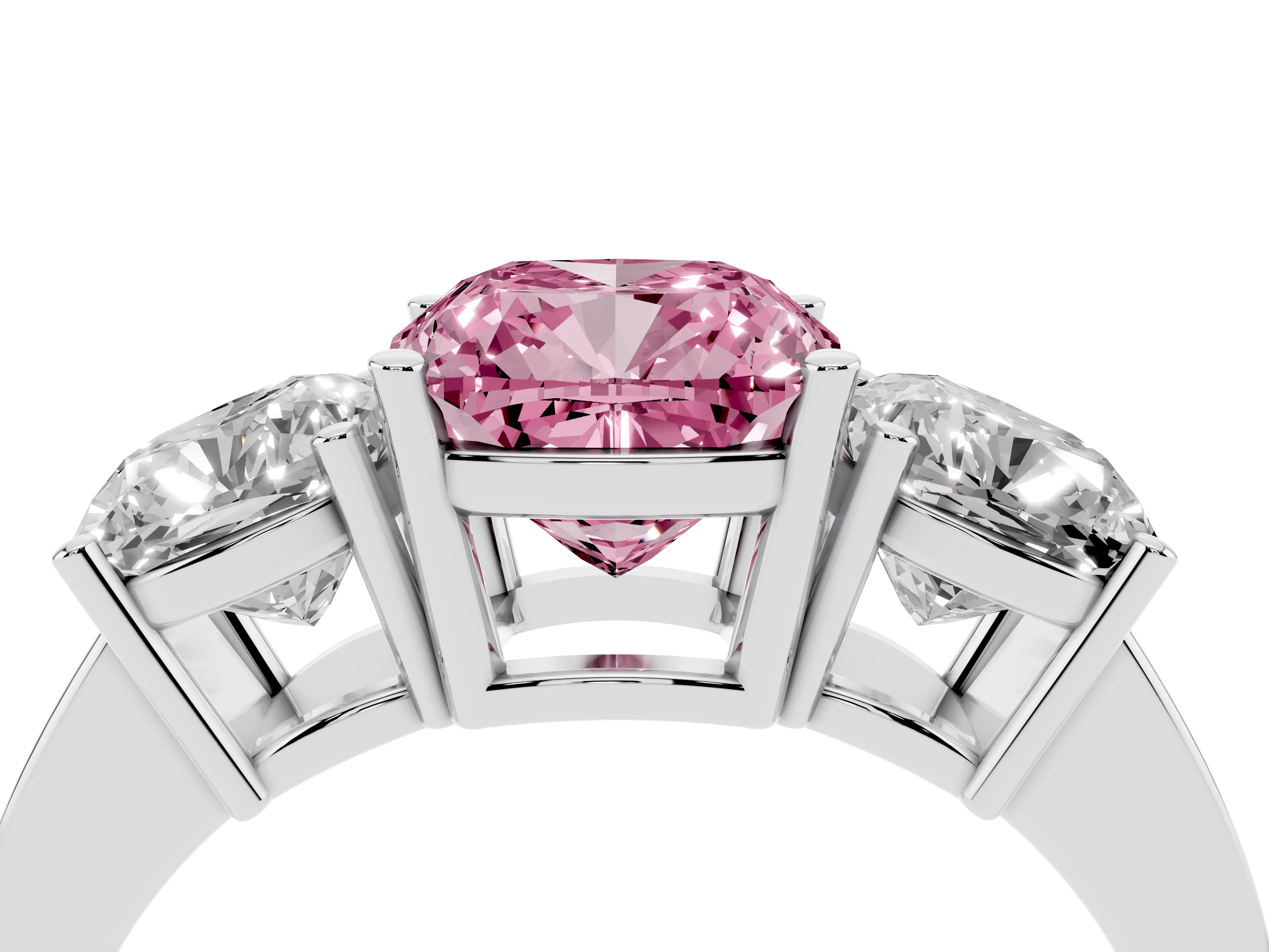 Fancy Pink Cushion Cut Diamond Three-Stone Engagement Ring Set in Silver with Flat Band