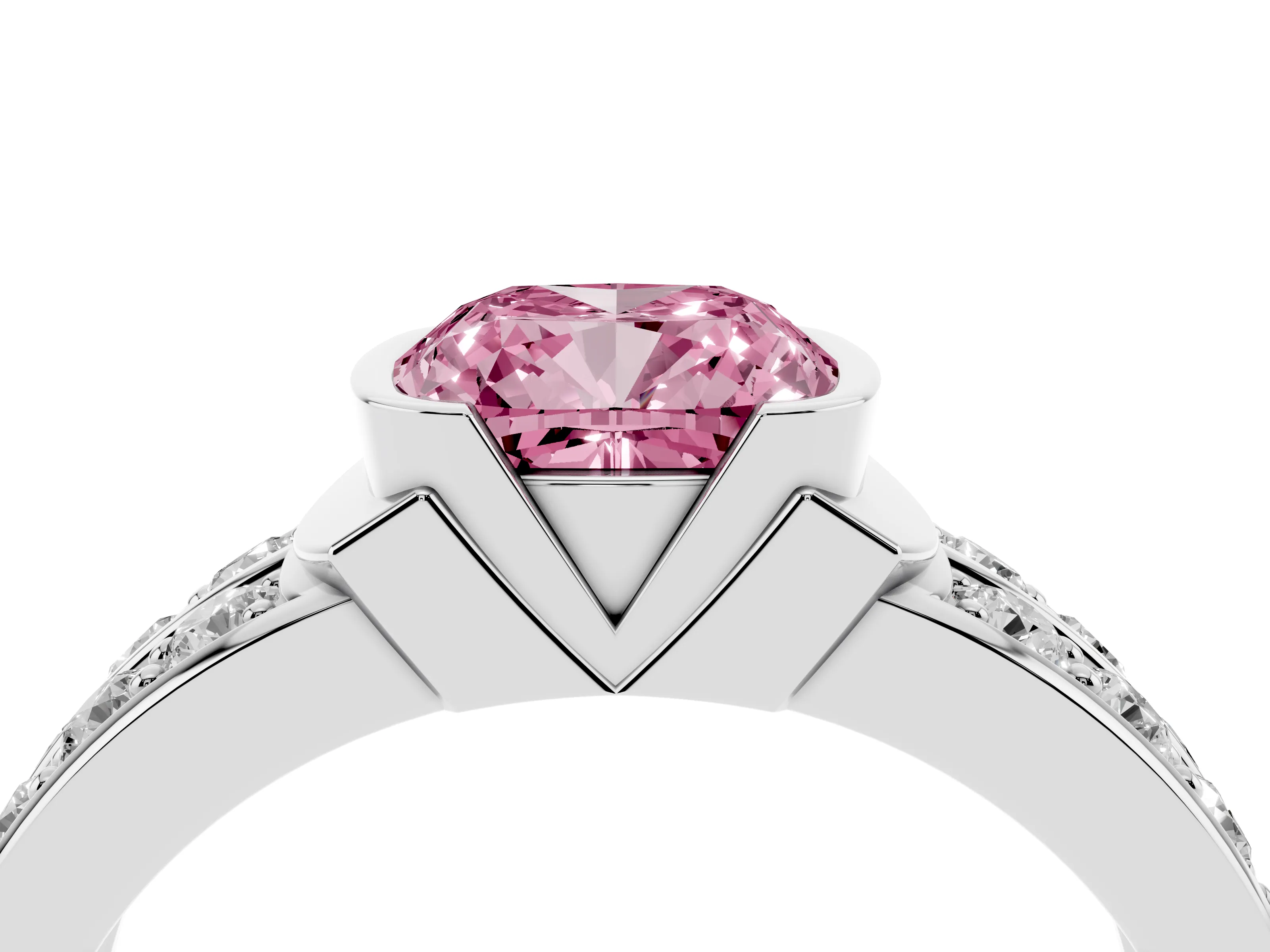 Fancy Pink Cushion Cut Diamond Wide Channel Set Band Ring Set in Silver with Bezel Setting