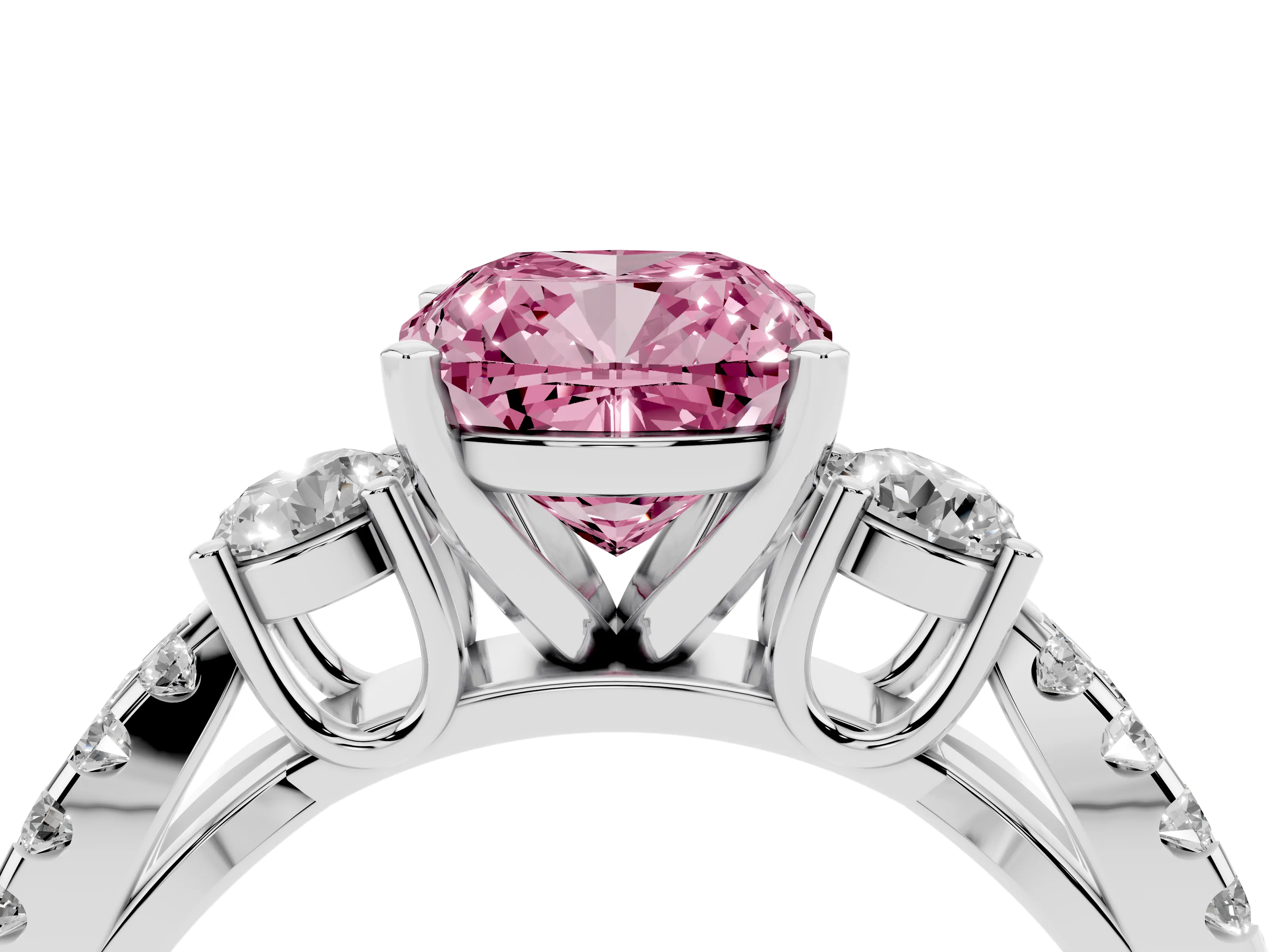 Fancy Pink Cushion Cut Diamond Three-Stone Ring Set in Silver with Pavé Split Shank and Prong Setting