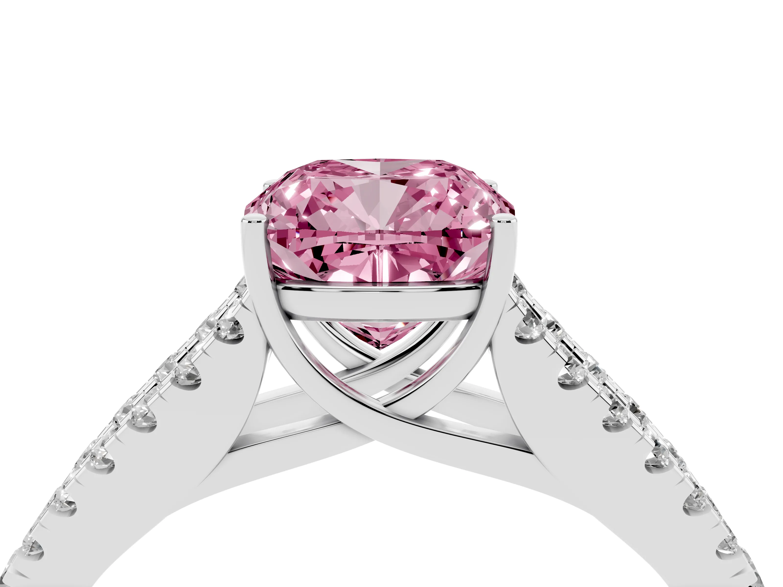 Fancy Pink Cushion Cut Diamond Split Shank Pavé Engagement Ring Set in Platinum with Prong-Held Center Stone