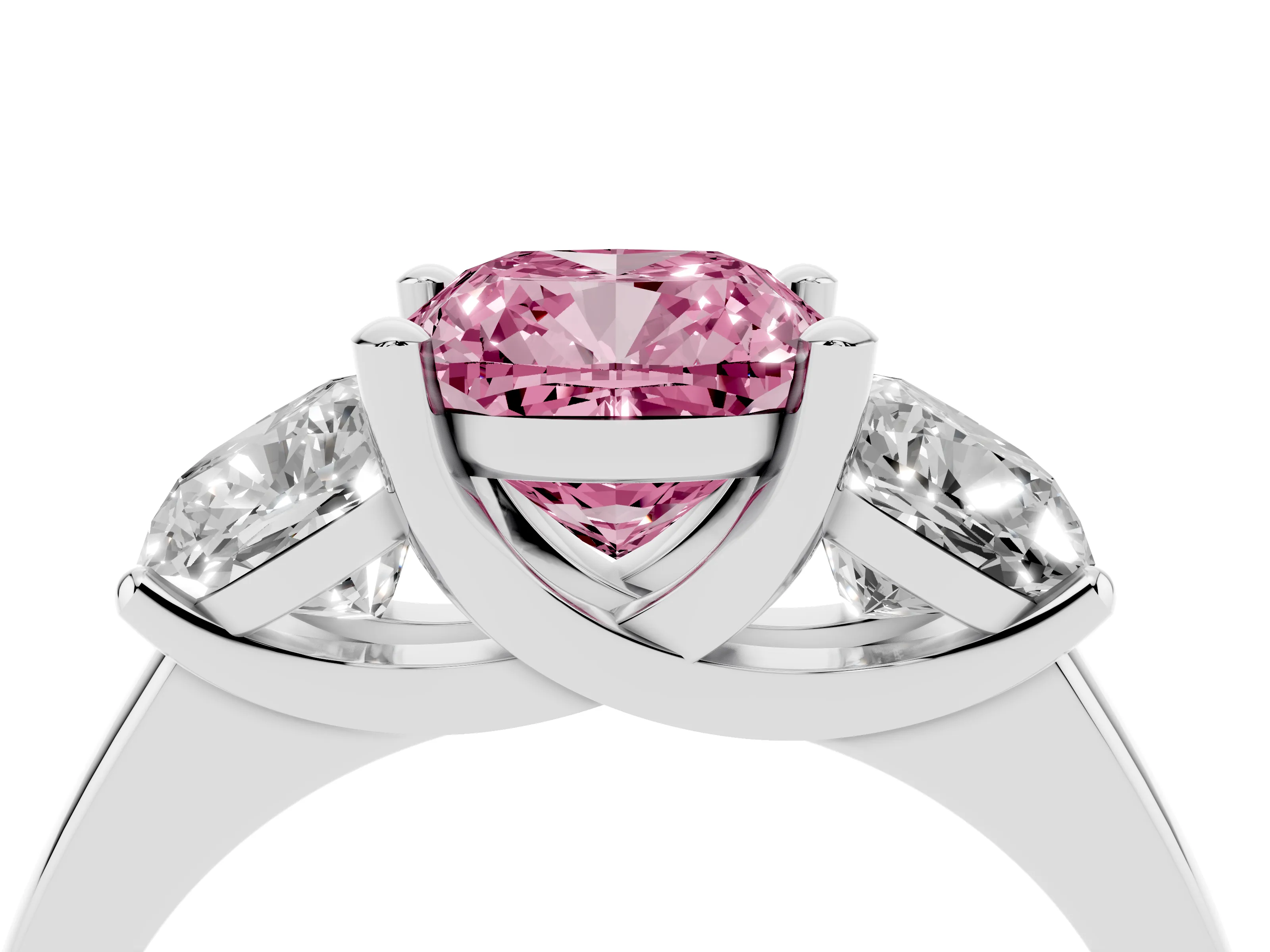 Fancy Pink Cushion Cut Diamond Three-Stone Ring Set in White gold with Classic Prong Setting and Plain Band