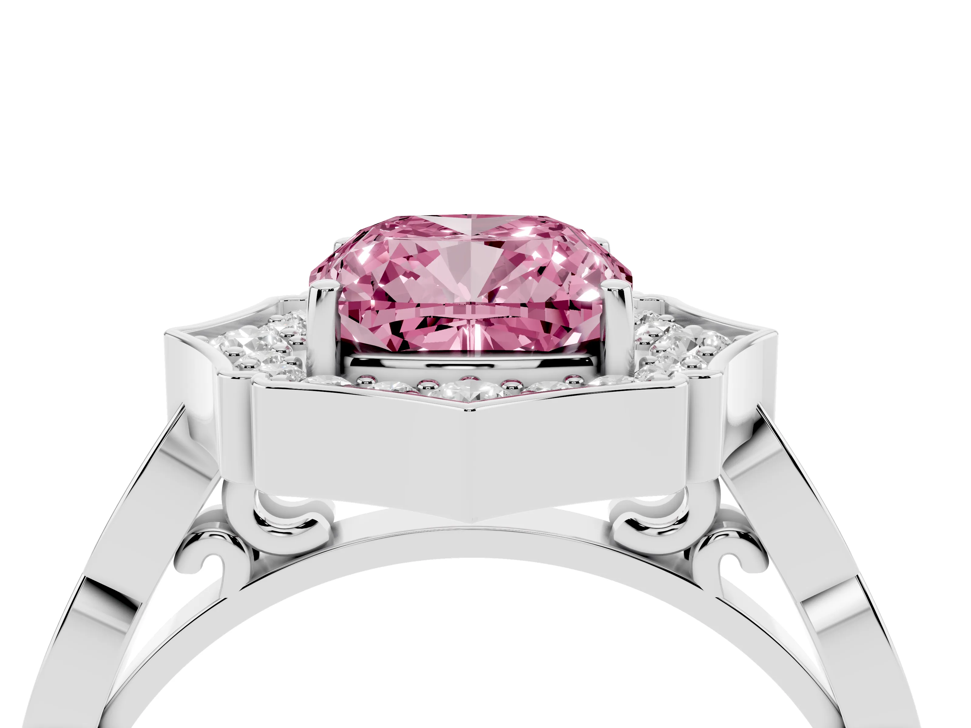Fancy Pink Cushion Cut Diamond Halo Engagement Ring Set in Platinum with Milgrain Band and Prong Setting