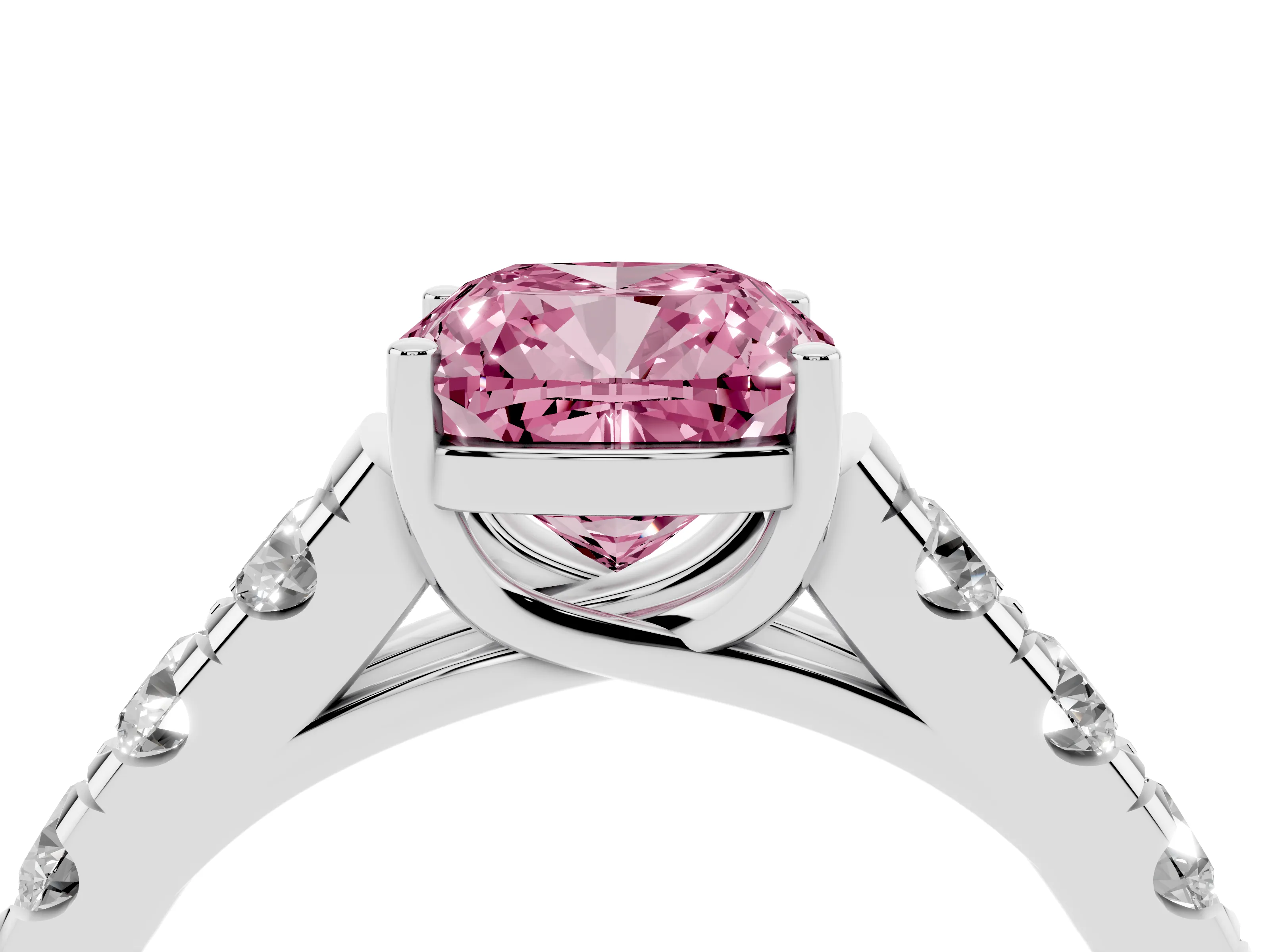 Fancy Pink Cushion Cut Diamond Solitaire Ring Set in Platinum with Cut-Down Micro Pavé Band and Prong Setting