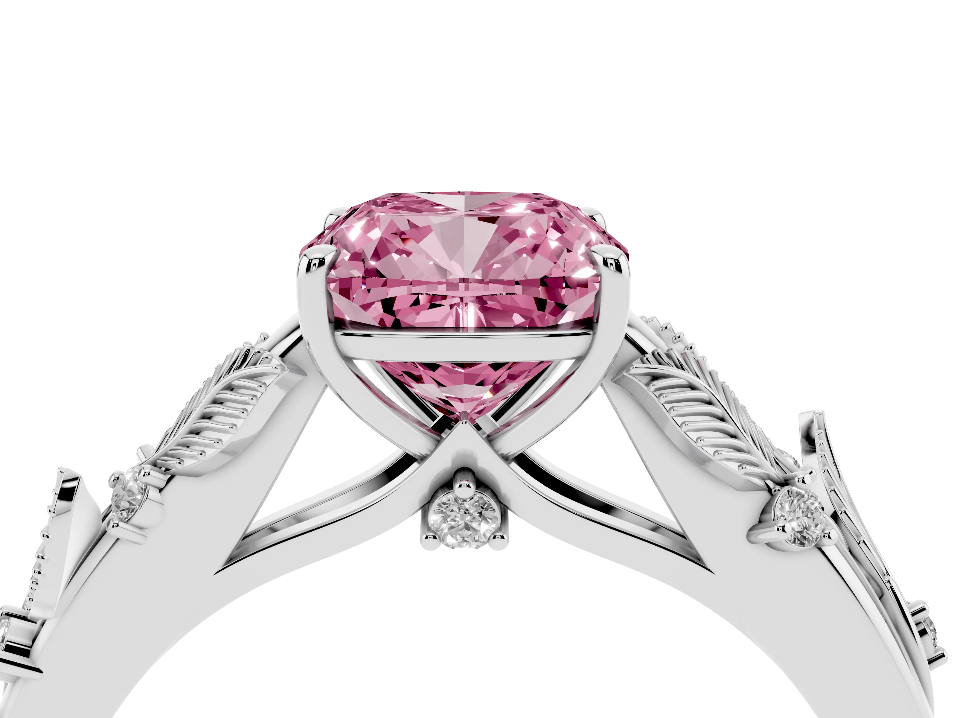 Fancy Pink Cushion Cut Diamond Solitaire Ring Set in Silver with Leaf Motif Band