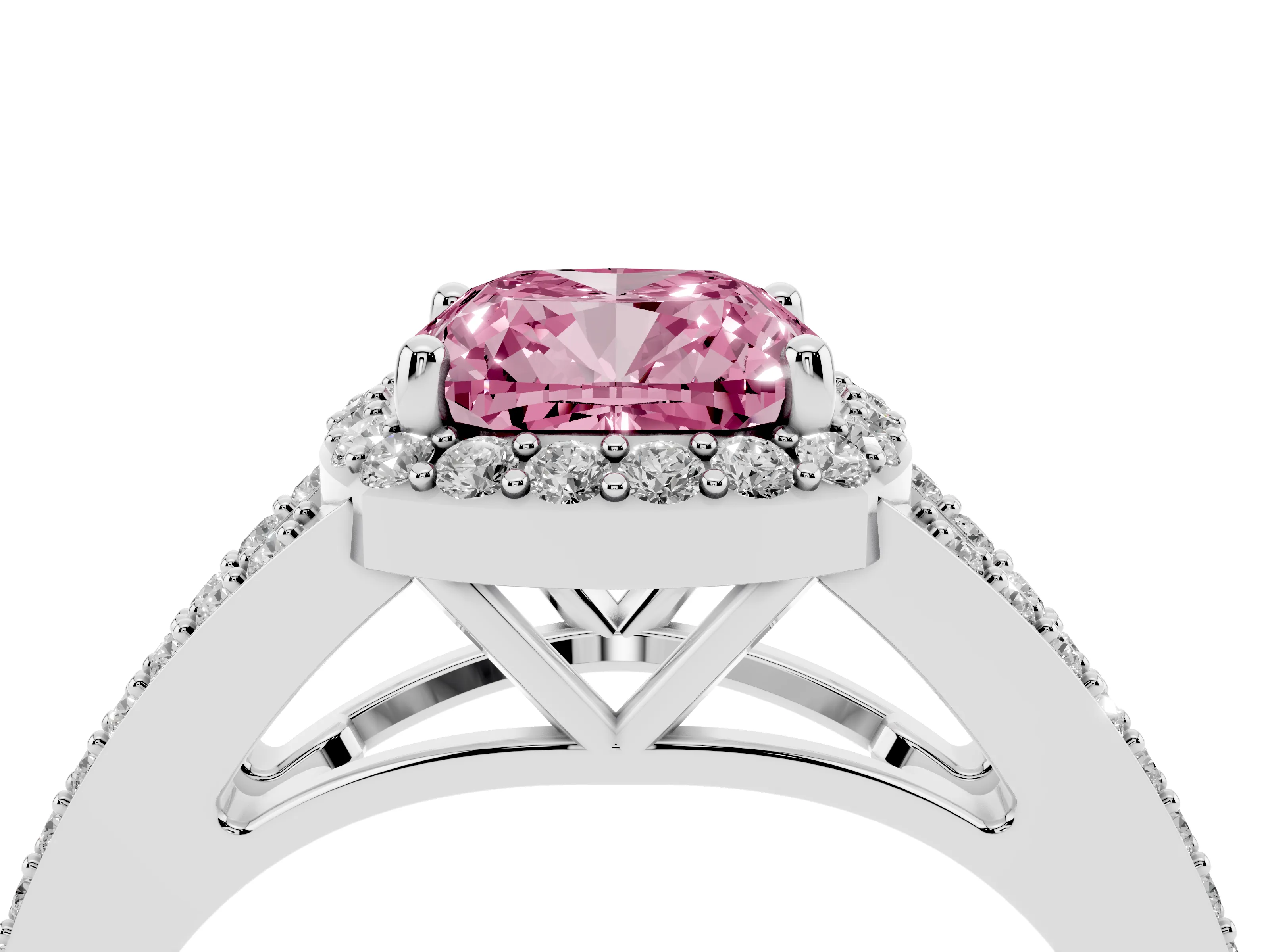 Fancy Pink Cushion Cut Diamond Halo Split Shank Ring Set in White gold with Accent Stones and Prong Setting