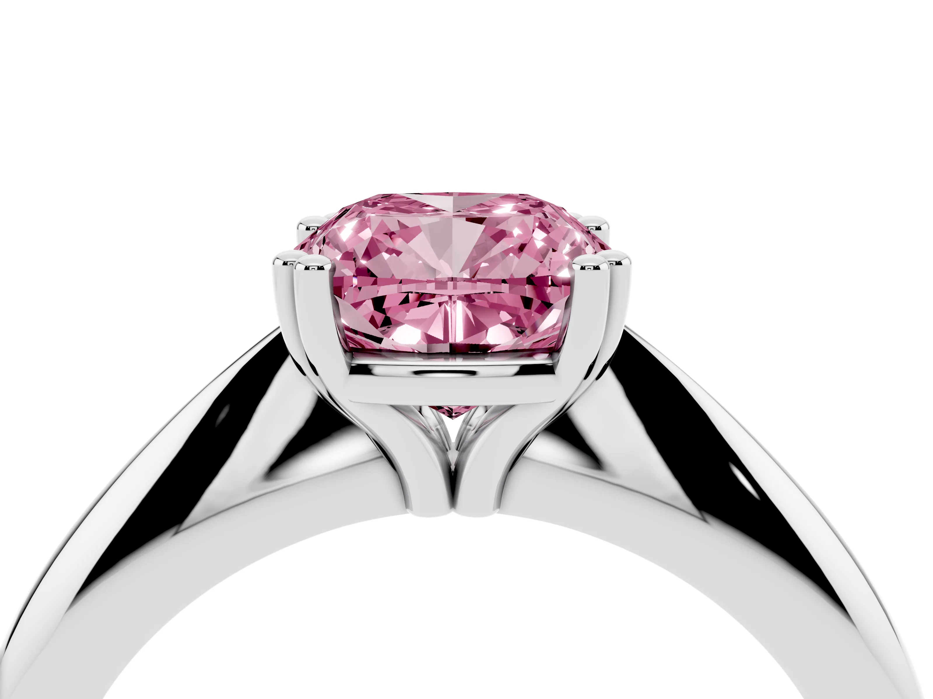 Fancy Pink Cushion Cut Diamond Solitaire Engagement Ring Set in White gold with Tapered Band and Prong Setting