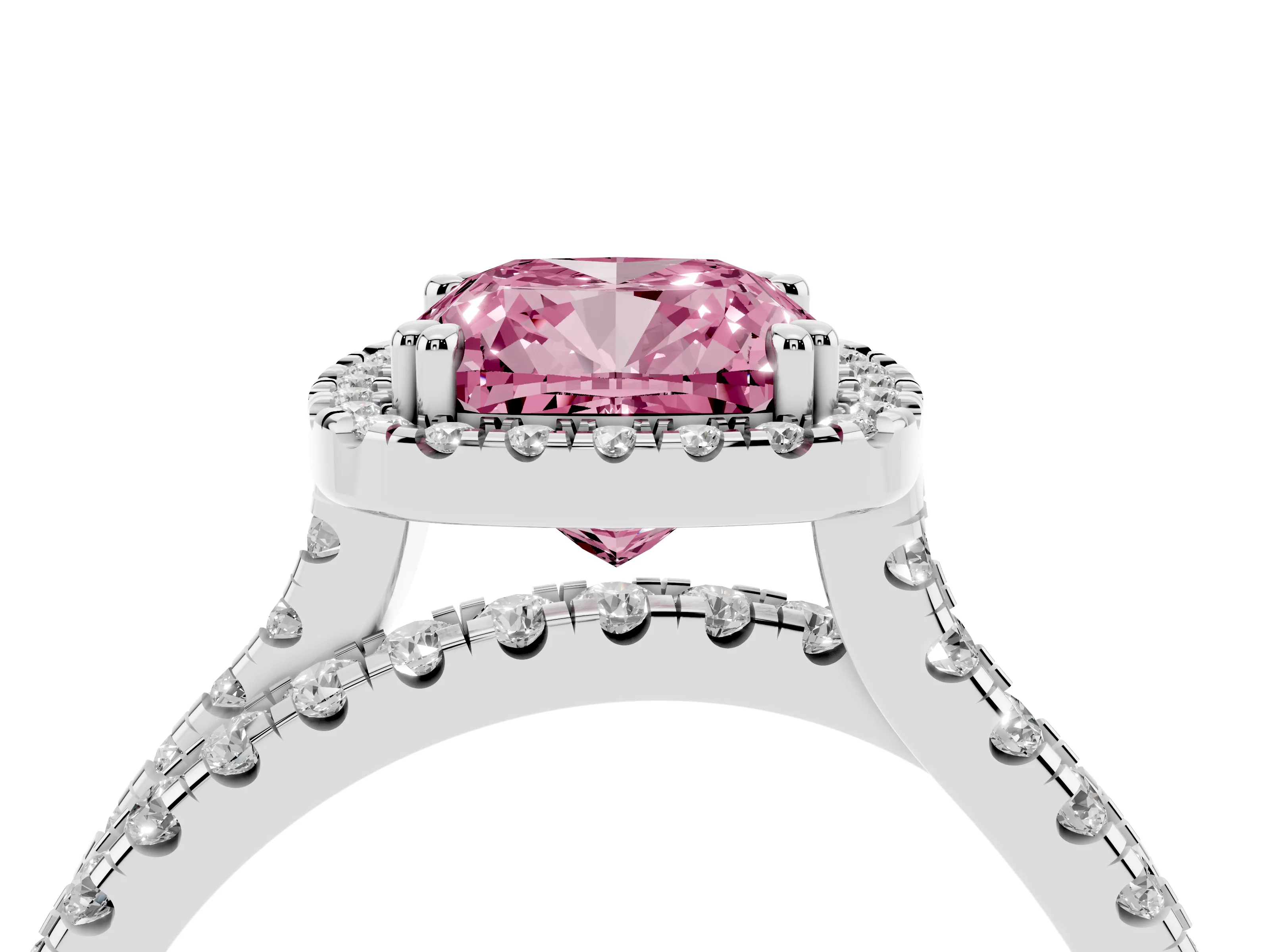 Fancy Pink Cushion Cut Diamond Halo Split Shank Ring Set in Silver with Pavé Setting