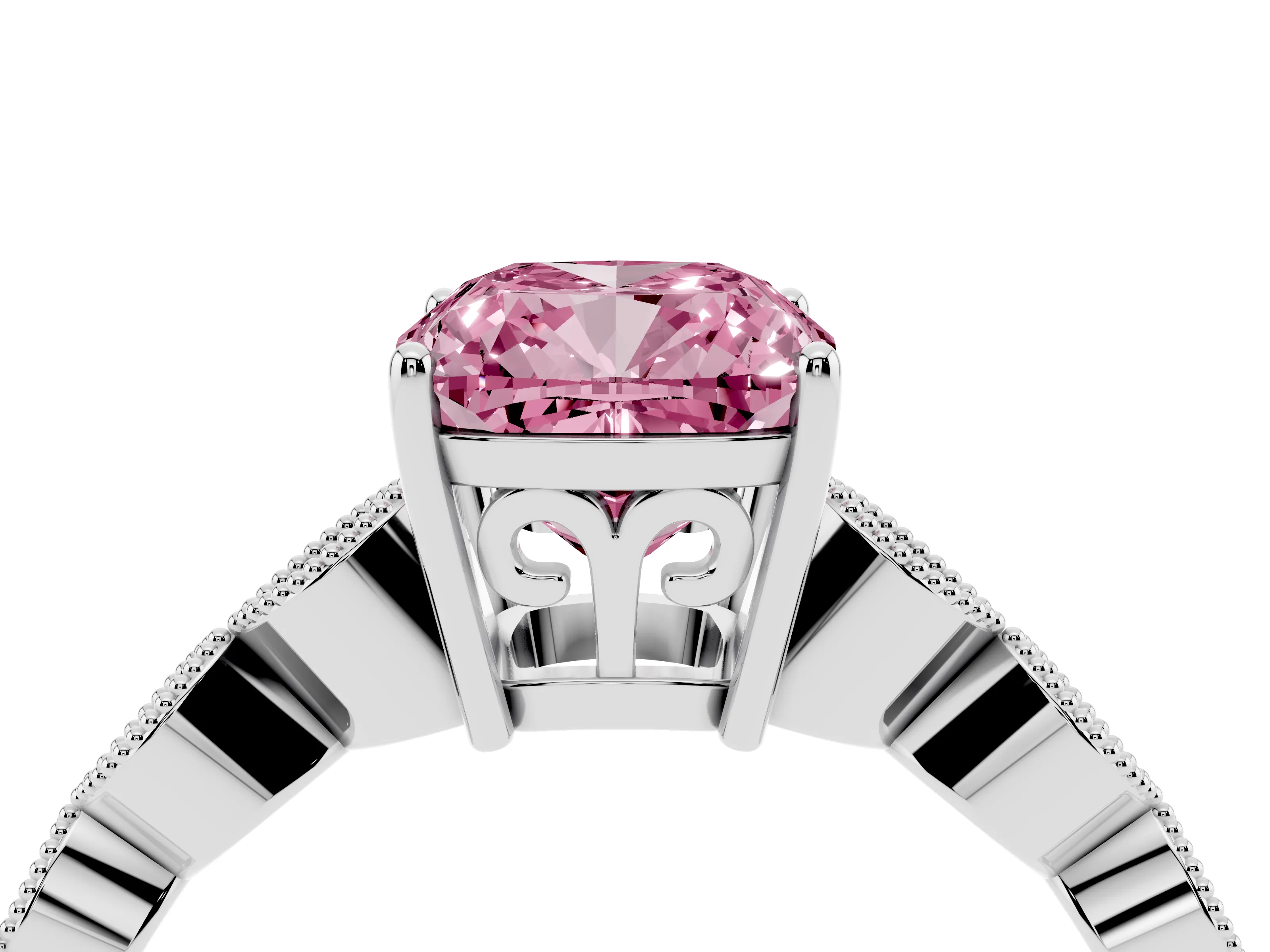 Fancy Pink Cushion Cut Diamond Solitaire Ring Set in Silver with Infinity Twist Pavé Band