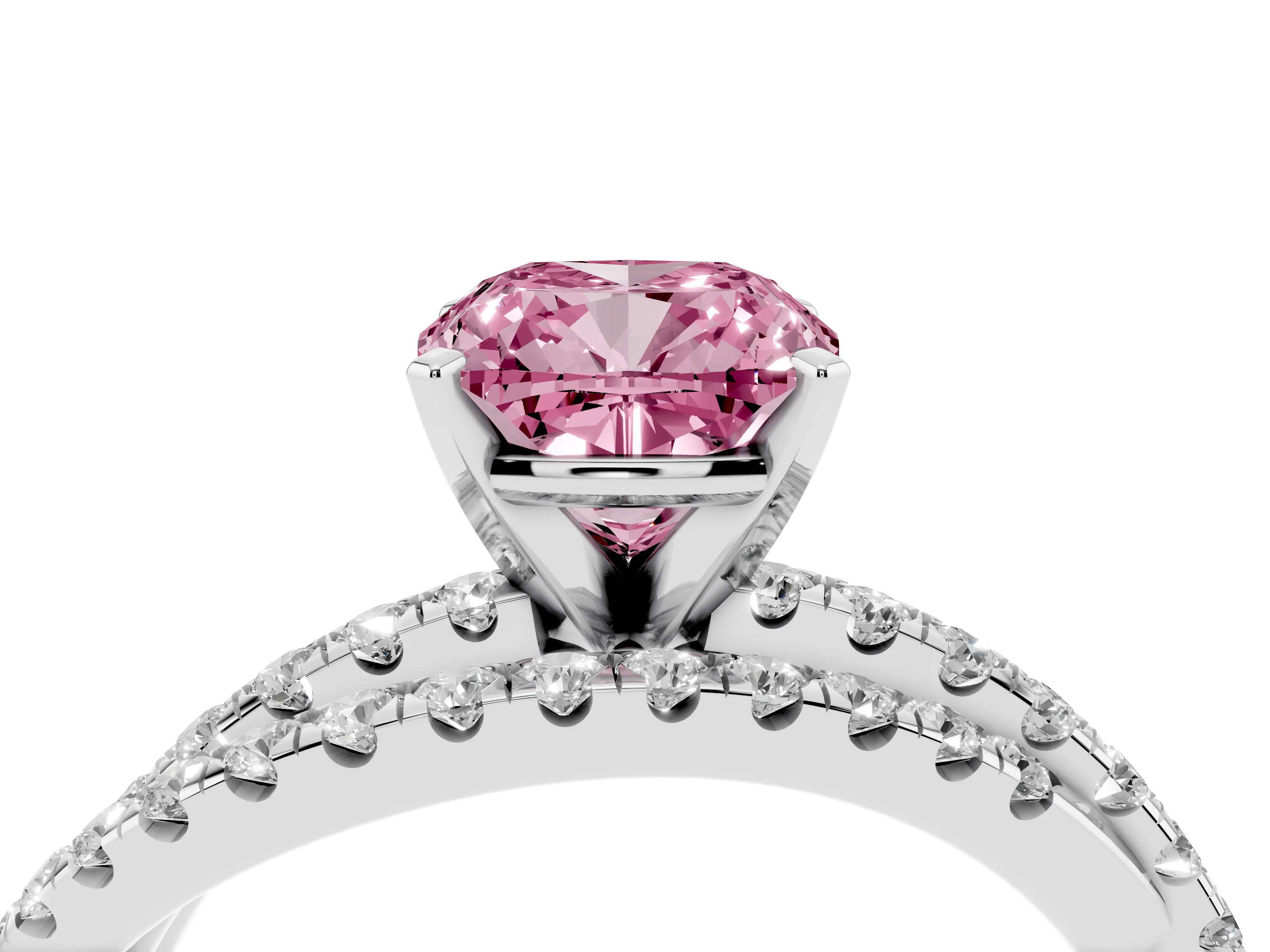 Fancy Pink Cushion Cut Diamond Solitaire Twist Band Ring Set in Platinum with Pavé Setting and Prong Head
