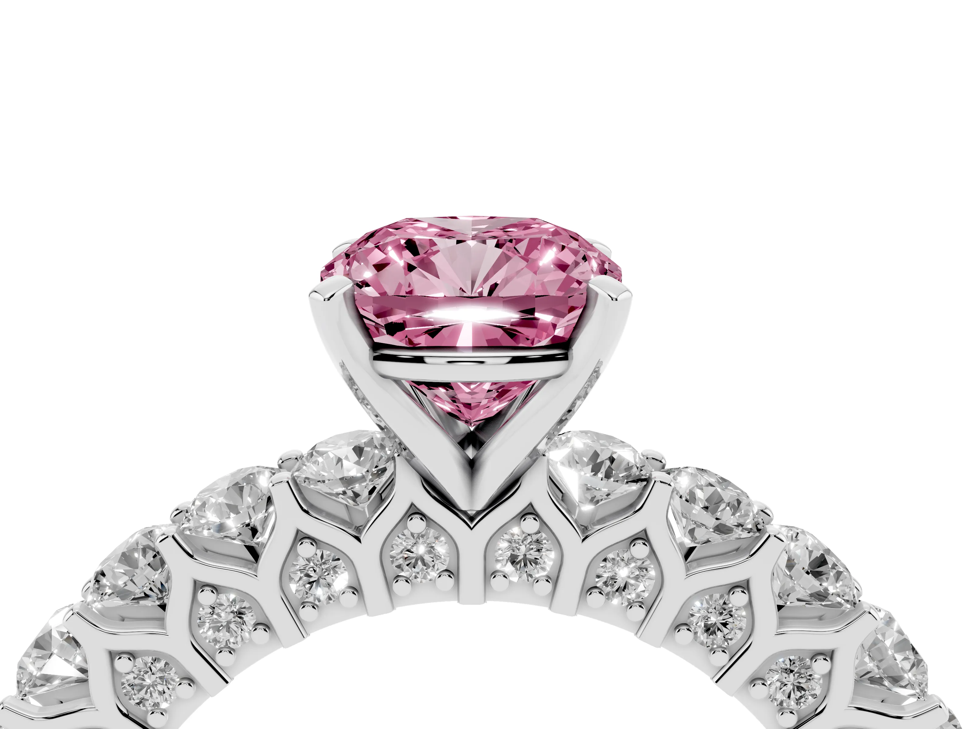 Fancy Pink Cushion Cut Diamond Solitaire Ring Set in Silver with Shared Prong Pavé Band