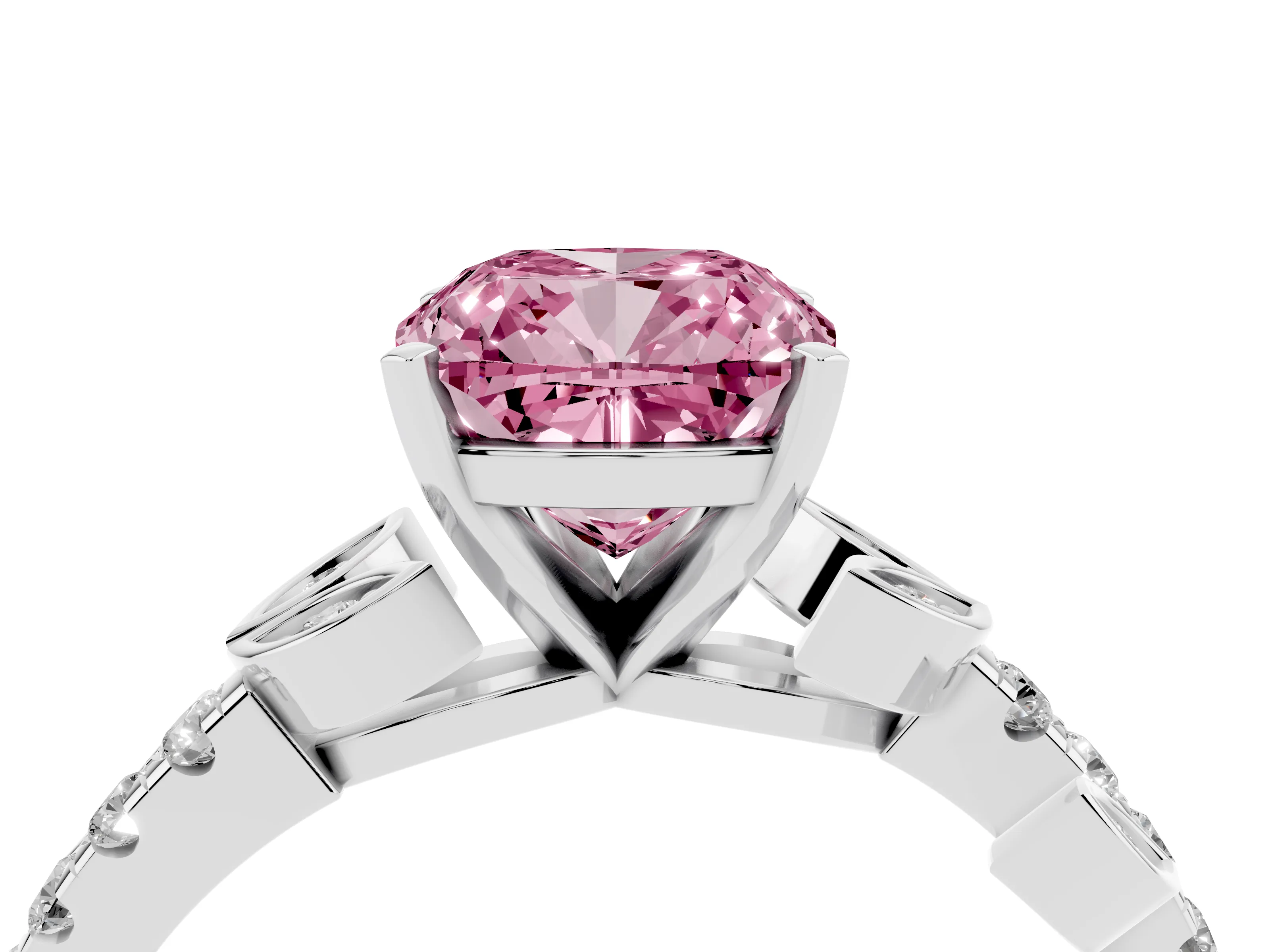 Fancy Pink Cushion Cut Diamond Solitaire Leaf-Inspired Ring Set in Silver with Pavé Band and Prong Setting