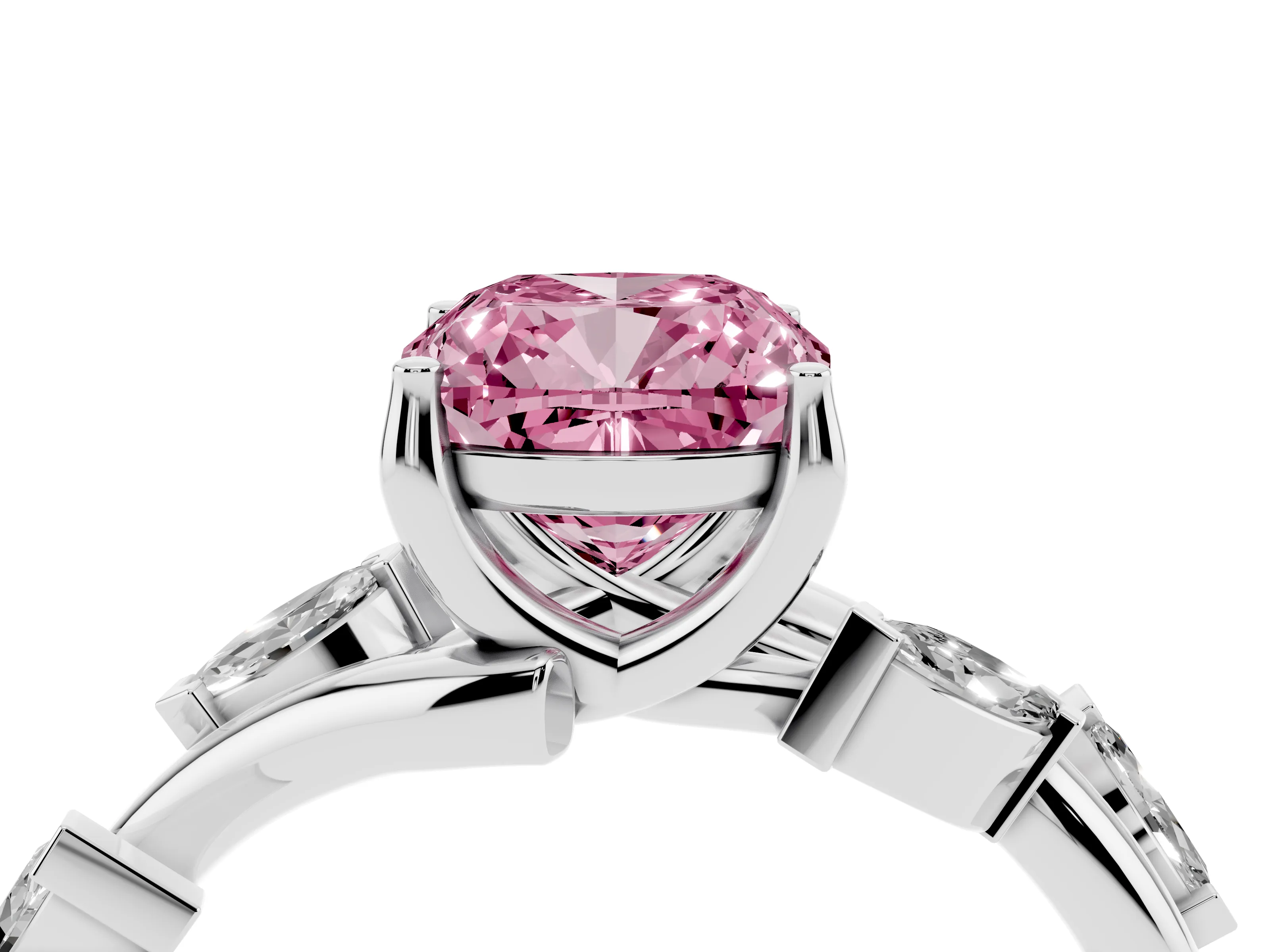 Fancy Pink Cushion Cut Diamond Solitaire Ring Set in Platinum with Twisted Marquise Accent Band