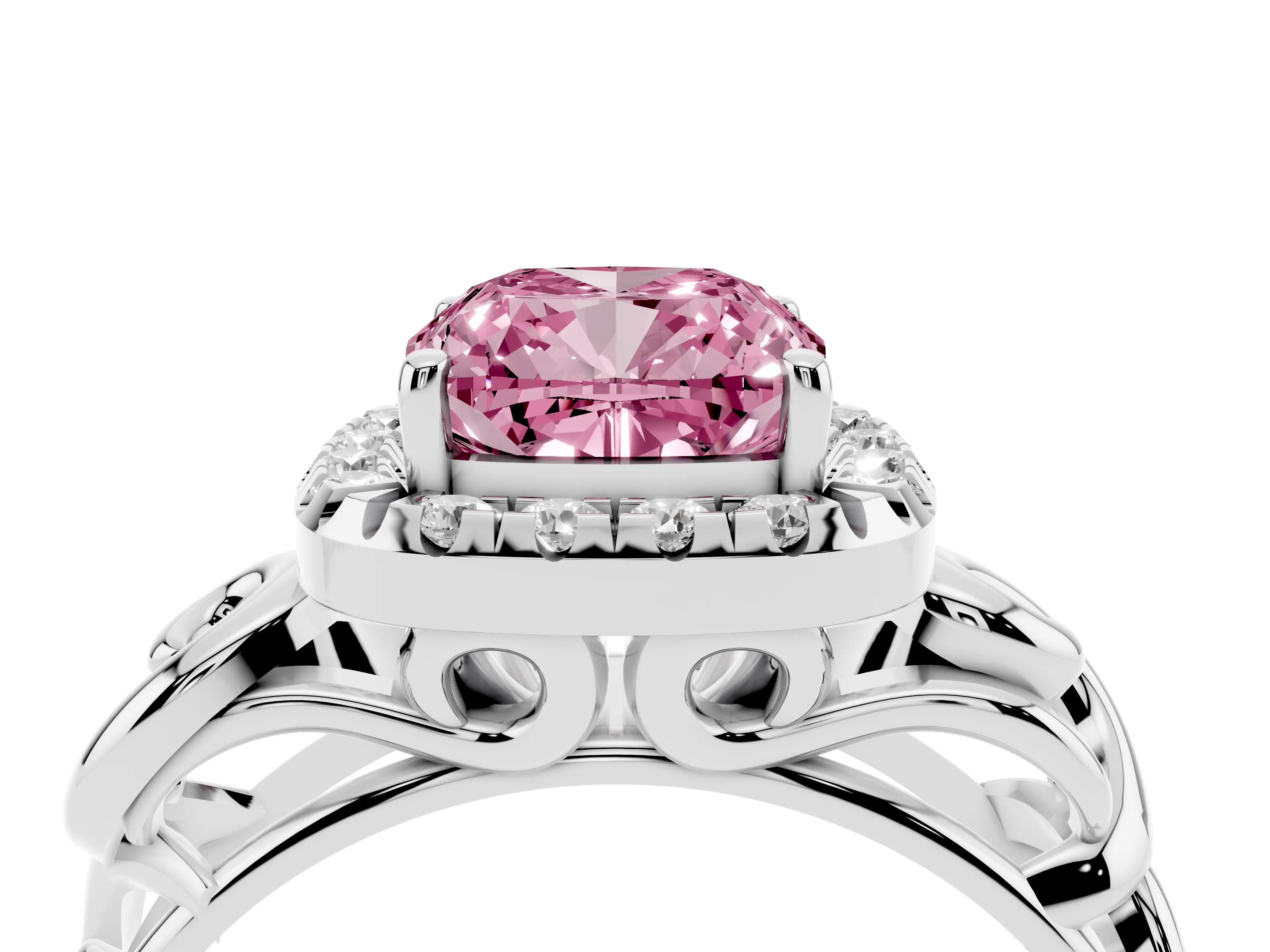 Fancy Pink Cushion Cut Diamond Halo Ring Set in Platinum with Scrollwork Band and Prong Setting